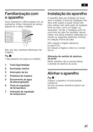 27
Familiarização com
o aparelho
Favor desdobrar a última página com as
ilustrações. Estas instruções de serviço
aplicamĆse a vários modelos.
São, por isso, possíveis diferenças nas
imagens.
Fig. 1
* não existente em todos os modelos
1 Tecla ligar/desligar
2 Iluminação interior
3 Interruptor da luz
4 Prateleira de madeira
5 Escoamento da água
da descongelação
6 Tecla de regulação
de temperatura
7 Indicação de regulação
de temperatura
Instalação do aparelho
O aparelho deve ser instalado em local
seco e arejado. O local da instalação não
deve estar sujeito à acção directa dos
raios solares nem estar perto de qualquer
fonte de calor, como um fogão, um
aquecedor, etc.Se a instalação junto de
uma fonte de calor for inevitável, deverá
utilizar uma placa isoladora adequada ou
manter as seguintes distâncias mínimas
em relação à fonte de calor:
EEm relação a fogões eléctricos
e a gás 3 cm.
Em relação a fogões a óleo ou a carvão
30 cm.
Alteração do sentido de abertura
da porta
Neste aparelho não é possível alterar
o sentido de abertura da porta.
Alinhar o aparelho
Fig. 2
Colocar o aparelho no local previsto
e alinháĆlo.
Os pés roscados dianteiros podem ser
ajustados.
pt
 