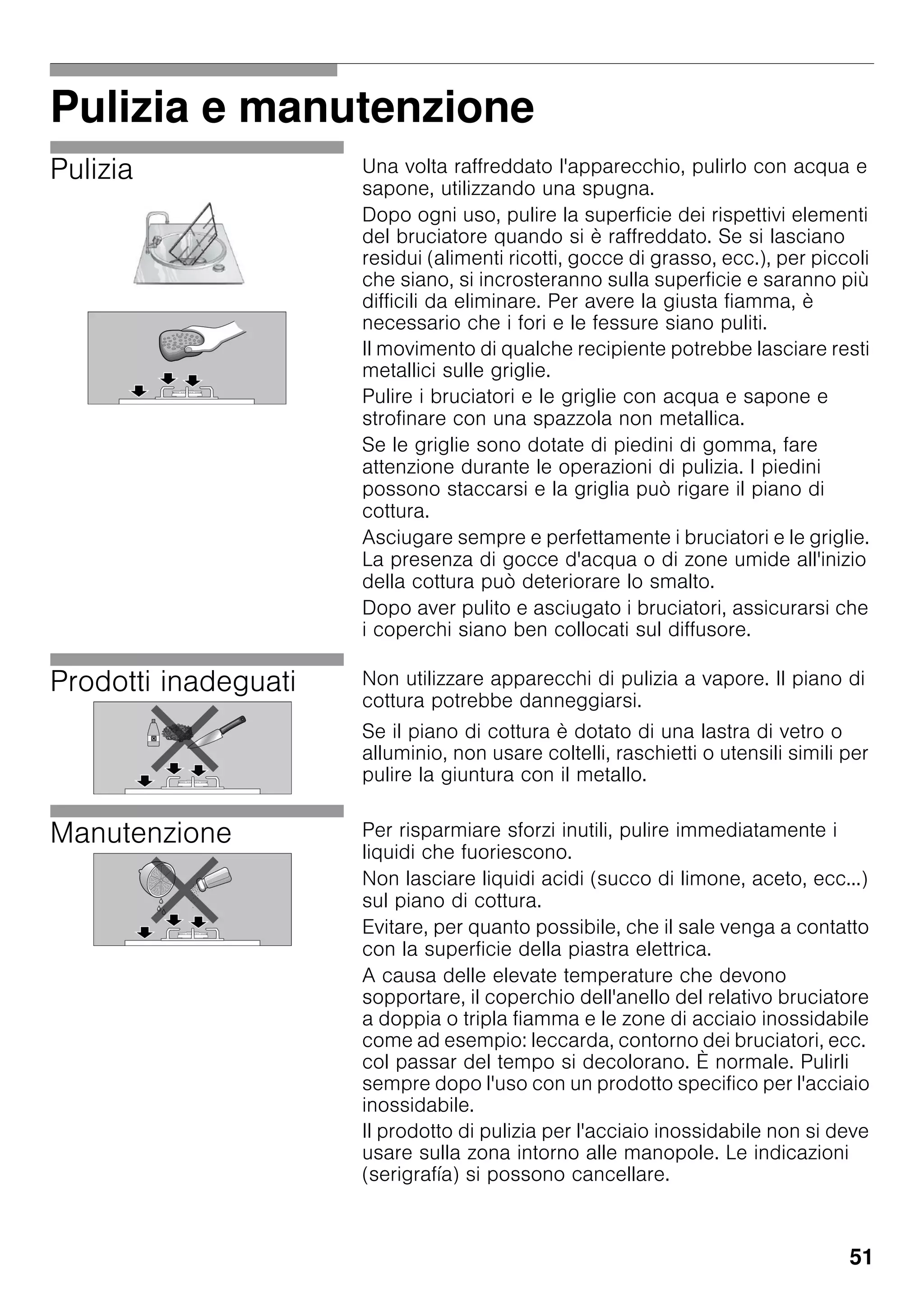 51
Pulizia e manutenzione
Pulizia Una volta raffreddato l'apparecchio, pulirlo con acqua e
sapone, utilizzando una spugna.
Dopo ogni uso, pulire la superficie dei rispettivi elementi
del bruciatore quando si è raffreddato. Se si lasciano
residui (alimenti ricotti, gocce di grasso, ecc.), per piccoli
che siano, si incrosteranno sulla superficie e saranno più
difficili da eliminare. Per avere la giusta fiamma, è
necessario che i fori e le fessure siano puliti.
Il movimento di qualche recipiente potrebbe lasciare resti
metallici sulle griglie.
Pulire i bruciatori e le griglie con acqua e sapone e
strofinare con una spazzola non metallica.
Se le griglie sono dotate di piedini di gomma, fare
attenzione durante le operazioni di pulizia. I piedini
possono staccarsi e la griglia può rigare il piano di
cottura.
Asciugare sempre e perfettamente i bruciatori e le griglie.
La presenza di gocce d'acqua o di zone umide all'inizio
della cottura può deteriorare lo smalto.
Dopo aver pulito e asciugato i bruciatori, assicurarsi che
i coperchi siano ben collocati sul diffusore.
Prodotti inadeguati Non utilizzare apparecchi di pulizia a vapore. Il piano di
cottura potrebbe danneggiarsi.
Se il piano di cottura è dotato di una lastra di vetro o
alluminio, non usare coltelli, raschietti o utensili simili per
pulire la giuntura con il metallo.
Manutenzione Per risparmiare sforzi inutili, pulire immediatamente i
liquidi che fuoriescono.
Non lasciare liquidi acidi (succo di limone, aceto, ecc...)
sul piano di cottura.
Evitare, per quanto possibile, che il sale venga a contatto
con la superficie della piastra elettrica.
A causa delle elevate temperature che devono
sopportare, il coperchio dell'anello del relativo bruciatore
a doppia o tripla fiamma e le zone di acciaio inossidabile
come ad esempio: leccarda, contorno dei bruciatori, ecc.
col passar del tempo si decolorano. È normale. Pulirli
sempre dopo l'uso con un prodotto specifico per l'acciaio
inossidabile.
Il prodotto di pulizia per l'acciaio inossidabile non si deve
usare sulla zona intorno alle manopole. Le indicazioni
(serigrafía) si possono cancellare.
 