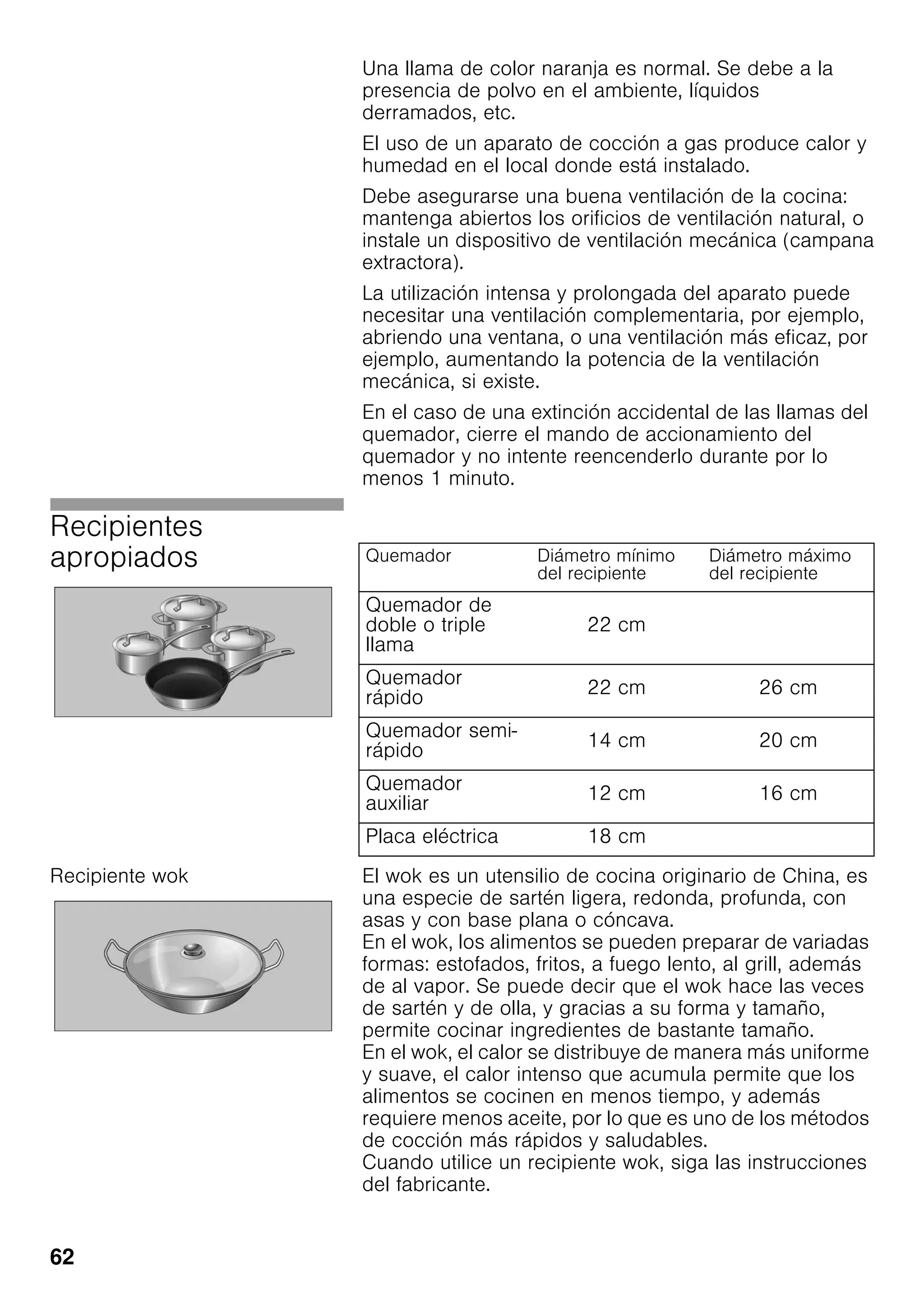 62
Una llama de color naranja es normal. Se debe a la
presencia de polvo en el ambiente, líquidos
derramados, etc.
El uso de un aparato de cocción a gas produce calor y
humedad en el local donde está instalado.
Debe asegurarse una buena ventilación de la cocina:
mantenga abiertos los orificios de ventilación natural, o
instale un dispositivo de ventilación mecánica (campana
extractora).
La utilización intensa y prolongada del aparato puede
necesitar una ventilación complementaria, por ejemplo,
abriendo una ventana, o una ventilación más eficaz, por
ejemplo, aumentando la potencia de la ventilación
mecánica, si existe.
En el caso de una extinción accidental de las llamas del
quemador, cierre el mando de accionamiento del
quemador y no intente reencenderlo durante por lo
menos 1 minuto.
Recipientes
apropiados
Recipiente wok El wok es un utensilio de cocina originario de China, es
una especie de sartén ligera, redonda, profunda, con
asas y con base plana o cóncava.
En el wok, los alimentos se pueden preparar de variadas
formas: estofados, fritos, a fuego lento, al grill, además
de al vapor. Se puede decir que el wok hace las veces
de sartén y de olla, y gracias a su forma y tamaño,
permite cocinar ingredientes de bastante tamaño.
En el wok, el calor se distribuye de manera más uniforme
y suave, el calor intenso que acumula permite que los
alimentos se cocinen en menos tiempo, y además
requiere menos aceite, por lo que es uno de los métodos
de cocción más rápidos y saludables.
Cuando utilice un recipiente wok, siga las instrucciones
del fabricante.
Quemador Diámetro mínimo
del recipiente
Diámetro máximo
del recipiente
Quemador de
doble o triple
llama
22 cm
Quemador
rápido
22 cm 26 cm
Quemador semi-
rápido
14 cm 20 cm
Quemador
auxiliar
12 cm 16 cm
Placa eléctrica 18 cm
 