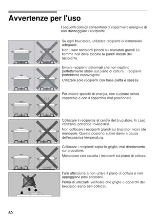 50
Avvertenze per l'uso
I seguenti consigli consentono di risparmiare energia e di
non danneggiare i recipienti:
Su ogni bruciatore, utilizzare recipienti di dimensioni
adeguate.
Non usare recipienti piccoli su bruciatori grandi La
fiamma non deve toccare le pareti laterali del
recipiente.
Evitare recipienti deformati che non risultino
perfettamente stabili sul piano di cottura. I recipienti
potrebbero capovolgersi.
Utilizzare solo recipienti con base piatta e spessa.
Per evitare sprechi di energia, non cucinare senza
coperchio o con il coperchio mal posizionato.
Collocare il recipiente al centro del bruciatore. In caso
contrario, potrebbe rovesciarsi.
Non collocare i recipienti grandi sui bruciatori vicini alle
manopole. Queste possono subire danni a causa
dell'eccessiva temperatura.
Collocare i recipienti sopra le griglie, mai direttamente
sul bruciatore.
Manipolare con cautela i recipienti sul piano di cottura.
Fare attenzione a non urtare il piano di cottura e non
appoggiarvi pesi eccessivi.
Prima di utilizzarli, verificare che griglie e coperchi dei
bruciatori siano ben collocati.
 