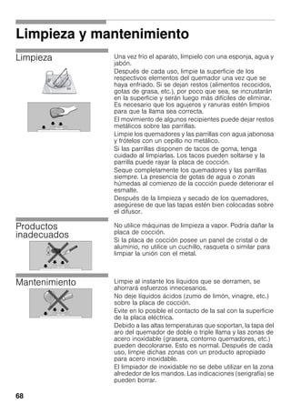 68
Limpieza y mantenimiento
Limpieza Una vez frío el aparato, límpielo con una esponja, agua y
jabón.
Después de cada uso, limpie la superficie de los
respectivos elementos del quemador una vez que se
haya enfriado. Si se dejan restos (alimentos recocidos,
gotas de grasa, etc.), por poco que sea, se incrustarán
en la superficie y serán luego más difíciles de eliminar.
Es necesario que los agujeros y ranuras estén limpios
para que la llama sea correcta.
El movimiento de algunos recipientes puede dejar restos
metálicos sobre las parrillas.
Limpie los quemadores y las parrillas con agua jabonosa
y frótelos con un cepillo no metálico.
Si las parrillas disponen de tacos de goma, tenga
cuidado al limpiarlas. Los tacos pueden soltarse y la
parrilla puede rayar la placa de cocción.
Seque completamente los quemadores y las parrillas
siempre. La presencia de gotas de agua o zonas
húmedas al comienzo de la cocción puede deteriorar el
esmalte.
Después de la limpieza y secado de los quemadores,
asegúrese de que las tapas estén bien colocadas sobre
el difusor.
Productos
inadecuados
No utilice máquinas de limpieza a vapor. Podría dañar la
placa de cocción.
Si la placa de cocción posee un panel de cristal o de
aluminio, no utilice un cuchillo, rasqueta o similar para
limpiar la unión con el metal.
Mantenimiento Limpie al instante los líquidos que se derramen, se
ahorrará esfuerzos innecesarios.
No deje líquidos ácidos (zumo de limón, vinagre, etc.)
sobre la placa de cocción.
Evite en lo posible el contacto de la sal con la superficie
de la placa eléctrica.
Debido a las altas temperaturas que soportan, la tapa del
aro del quemador de doble o triple llama y las zonas de
acero inoxidable (grasera, contorno quemadores, etc.)
pueden decolorarse. Esto es normal. Después de cada
uso, limpie dichas zonas con un producto apropiado
para acero inoxidable.
El limpiador de inoxidable no se debe utilizar en la zona
alrededor de los mandos. Las indicaciones (serigrafía) se
pueden borrar.
 