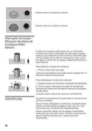 78
Interruptor principal /
Bloqueio da placa de
cozedura (Main
Switch)
A placa de cozedura pode dispor de um interruptor
principal que corta a passagem de gás geral e apaga
todos os queimadores ao mesmo tempo. Este interruptor
é muito prático se se tiverem crianças em casa, ou se
por algum motivo tiver de apagar rapidamente todos os
queimadores.
Para bloquear a placa de cozedura:
1. Prima o interruptor principal.
Todos os queimadores que estão acesos apagam-se. A
placa de cozedura bloqueia-se.
Para desbloquear a placa de cozedura:
1. Coloque todos os comandos na posição de desligado.
2. Prima e gire o interruptor principal no sentido dos
ponteiros do relógio até ao batente. Abre-se a passagem
de gás geral.
Já pode utilizar a placa de cozedura normalmente.
Advertências Durante o funcionamento do queimador é normal que se
emita um assobio.
Nas primeiras utilizações é normal que se desprendam
odores, tal não significa qualquer risco, nem um mau
funcionamento, os odores vão desaparecendo.
Alguns segundos depois de se apagar o queimador,
emitir-se-á um som (som seco). Tal não é sinónimo de
avaria, significa apenas que a segurança está
desactivada.
Chama interna na potência máxima.
Chama interna na potência mínima.
 