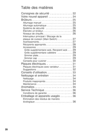 20
Table des matières
Consignes de sécurité . . . . . . . . . . . . . . 22
Votre nouvel appareil . . . . . . . . . . . . . . . 24
Brûleurs. . . . . . . . . . . . . . . . . . . . . . . . . . . . 25
Allumage manuel . . . . . . . . . . . . . . . . . . . . . . . 25
Allumage automatique . . . . . . . . . . . . . . . . . . . 25
Système de sécurité . . . . . . . . . . . . . . . . . . . . 26
Éteindre un brûleur . . . . . . . . . . . . . . . . . . . . 26
Niveaux de chauffe . . . . . . . . . . . . . . . . . . . . . 26
Interrupteur principal / Blocage de la
plaque de cuisson (Main Switch) . . . . . . . . . . 27
Avertissements. . . . . . . . . . . . . . . . . . . . . . . 27
Récipients appropriés . . . . . . . . . . . . . . . . . . 28
Accessoires . . . . . . . . . . . . . . . . . . . . . . . . . . 29
Grille supplémentaire wok. Récipient wok . . . 29
Grille supplémentaire cafetière . . . . . . . . . . . 29
Simmer plate. . . . . . . . . . . . . . . . . . . . . . . . . 29
Simmer cap . . . . . . . . . . . . . . . . . . . . . . . . . 29
Conseils pour cuisiner . . . . . . . . . . . . . . . . . . . 30
Plaques électriques. . . . . . . . . . . . . . . . . . 31
Plaques électriques avec variateur . . . . . . . . . . 31
Suggestions . . . . . . . . . . . . . . . . . . . . . . . . . . . 32
Conseils d’utilisation. .. . . . . . . . . . . . . . . . 33
Nettoyage et entretien . . . . . . . . . . . . . . . 34
Nettoyage . . . . . . . . . . . . . . . . . . . . . . . . . . . . . 34
Produits inappropriés . . . . . . . . . . . . . . . . . . . . 34
Maintenance . . . . . . . . . . . . . . . . . . . . . . . . . . . 34
Anomalies . . . . . . . . . . . . . . . . . . . . . . . . 35
Service Technique . . . . . . . . . . . . . . . . . . . 36
Conditions de garantie . . . . . . . . . . . . . . . . . 36
Emballage et appareils usagés . . . . . . . . 36
Élimination des résidus de manière
écologique . . . . . . . . . . . . . . . . . . . . . . . . . . . . 36
 