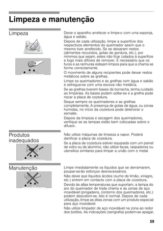 59
Limpeza e manutenção
Limpeza Deixe o aparelho arrefecer e limpe-o com uma esponja,
água e sabão.
Depois de cada utilização, limpe a superfície dos
respectivos elementos do queimador assim que o
mesmo tiver arrefecido. Se se deixaram restos
(alimentos recozidos, gotas de gordura, etc.), por
mínimos que sejam, estes irão ficar colados à superfície
e logo mais difíceis de remover. É necessário que os
furos e as ranhuras estejam limpos para que a chama se
forme correctamente.
O movimento de alguns recipientes pode deixar restos
metálicos sobre as grelhas.
Limpe os queimadores e as grelhas com água e sabão
e esfregue-os com uma escova não metálica.
Se as grelhas tiverem bases de borracha, tenha cuidado
ao limpá-las. As bases podem soltar-se e a grelha pode
riscar a placa de cozedura.
Seque sempre os queimadores e as grelhas
completamente. A presença de gotas de água, ou zonas
húmidas, no início da cozedura pode deteriorar o
esmalte.
Depois da limpeza e secagem dos queimadores,
verifique se as tampas estão bem colocadas sobre o
difusor.
Produtos
inadequados
Não utilize máquinas de limpeza a vapor. Poderá
danificar a placa de cozedura.
Se a placa de cozedura estiver equipada com um painel
de vidro ou de alumínio, não utilize facas, raspadores ou
utensílios similares para limpar a união com o metal.
Manutenção Limpe imediatamente os líquidos que se derramarem,
poupar-se-ão esforços desnecessários.
Não deixe que líquidos ácidos (sumo de limão, vinagre,
etc.) entrem em contacto com a placa de cozedura.
Devido às altas temperaturas que suportam, a tampa do
aro do queimador de tripla chama e as zonas de aço
inoxidável (pingadeira, contorno dos queimadores, etc.)
podem descolorir-se. Isto é normal. Depois de cada
utilização, limpe as ditas zonas com um produto especial
para aço inoxidável.
Não utilize limpador de aço inoxidável na zona ao redor
dos botões. As indicações (serigrafia) podem-se apagar.
 