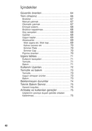62
İçindekiler
Güvenlik önerileri . . . . . . . . . . . . . . . . . . . . 64
Yeni cihazınız . . . . . . . . . . . . . . . . . . . . . . . 66
Brülörler . . . . . . . . . . . . . . . . . . . . . . . . . . . 67
Manuel çakmak . . . . . . . . . . . . . . . . . . . . . . . . 67
Otomatik çakmak . . . . . . . . . . . . . . . . . . . . . . . 67
Emniyet sistemi. . . . . . . . . . . . . . . . . . . . . . . . . 68
Brülörün kapatılması . . . . . . . . . . . . . . . . . . . 68
Güç seviyeleri . . . . . . . . . . . . . . . . . . . . . . . . . 68
Uyarılar . . . . . . . . . . . . . . . . . . . . . . . . . . . . 68
Uygun kaplar . . . . . . . . . . . . . . . . . . . . . . . . 69
Aksesuarlar. . . . . . . . . . . . . . . . . . . . . . . . . . . 69
Wok ızgara eki. Wok kap . . . . . . . . . . . . . . . 69
Kahve cezvesi eki . . . . . . . . . . . . . . . . . . . . . 70
Simmer Plate . . . . . . . . . . . . . . . . . . . . . . . . . 70
Simmer Cap . . . . . . . . . . . . . . . . . . . . . . . . . 70
Pi irme önerileri . . . . . . . . . . . . . . . . . . . . . . . . 70
Izgara tablası. . . . . . . . . . . . . . . . . . . . . . . . 71
Kullanım tavsiyeleri . . . . . . . . . . . . . . . . . . . . 71
Temizlik. . . . . . . . . . . . . . . . . . . . . . . . . . . . . . . 71
Bakım . . . . . . . . . . . . . . . . . . . . . . . . . . . . . 71
Kullanım Uyarıları. . . . . . . . . . . . . . . . . . . . 72
Temizlik ve bakım . . . . . . . . . . . . . . . . . . 73
Temizlik. . . . . . . . . . . . . . . . . . . . . . . . . . . . . . . 73
Uygun olmayan ürünler. . . . . . . . . . . . . . . . . . . 73
Bakım . . . . . . . . . . . . . . . . . . . . . . . . . . . . . . . . 73
Beklenmeyen durumlar . . . . . . . . . . . . . . 74
Teknik Bakım Servisi . . . . . . . . . . . . . . . . . 75
Garanti ko ulları . . . . . . . . . . . . . . . . . . . . . . 75
Ambalaj ve kullanılan gereçler . . . . . . . . . 75
Çöplerinin çevreye duyarlı ekilde ortadan
kaldırılması. . . . . . . . . . . . . . . . . . . . . . . . . . 75
 