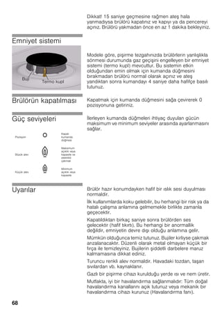 68
Dikkat! 15 saniye geçmesine rağmen ate hala
yanmadıysa brülörü kapatınız ve kapıyı ya da pencereyi
açınız. Brülörü yakmadan önce en az 1 dakika bekleyiniz.
Emniyet sistemi
Modele göre, pi irme tezgahınızda brülörlerin yanlı lıkla
sönmesi durumunda gaz geçi ini engelleyen bir emniyet
sistemi (termo kupl) mevcuttur. Bu sistemin etkin
olduğundan emin olmak için kumanda düğmesini
bırakmadan brülörü normal olarak açınız ve ate
yandıktan sonra kumandayı 4 saniye daha hafifçe basılı
tutunuz.
Brülörün kapatılması Kapatmak için kumanda düğmesini sağa çevirerek 0
pozisyonuna getiriniz.
Güç seviyeleri İlerleyen kumanda düğmeleri ihtiyaç duyulan gücün
maksimum ve minimum seviyeler arasında ayarlanmasını
sağlar.
Uyarılar Brülör hazır konumdayken hafif bir ıslık sesi duyulması
normaldir.
İlk kullanımlarda koku gelebilir, bu herhangi bir risk ya da
hatalı çalı ma anlamına gelmemekle birlikte zamanla
geçecektir.
Kapatıldıktan birkaç saniye sonra brülörden ses
gelecektir (hafif tıkırtı). Bu herhangi bir anormallik
değildir, emniyetin devre dı ı olduğu anlamına gelir.
Mümkün olduğunca temiz tutunuz. Bujiler kirliyse çakmak
arızalanacaktır. Düzenli olarak metal olmayan küçük bir
fırça ile temizleyiniz. Bujilerin iddetli darbelere maruz
kalmamasına dikkat ediniz.
Turuncu renkli alev normaldir. Havadaki tozdan, ta an
sıvılardan vb. kaynaklanır.
Gazlı bir pi irme cihazı kurulduğu yerde ısı ve nem üretir.
Mutfakta, iyi bir havalandırma sağlanmalıdır: Tüm doğal
havalandırma kanallarını açık tutunuz veya mekanik bir
havalandırma cihazı kurunuz (Havalandırma fanı).
Buji
Termo kupl
Pozisyon
Kapalı
kumanda
düğmesi
Büyük alev
Maksimum
açıklık veya
kapasite ve
elektrikli
çakmak
Küçük alev
Minimum
açıklık veya
kapasite
 
