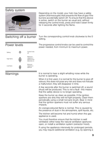9
Safety system
Depending on the model, your hob may have a safety
system (thermocouple) that prevents the flow of gas if the
burners accidentally switch off. To ensure that this device
is active, switch on the burner as usual and, without
releasing the control knob, press and hold it down firmly
for 4 seconds after lighting the flame.
Switching off a burner Turn the corresponding control knob clockwise to the 0
setting.
Power levels The progressive control knobs can be used to control the
power needed, from minimum to maximum power.
Warnings It is normal to hear a slight whistling noise while the
burner is operating.
When it is first used, it is normal for the burner to give off
odours; this does not pose any risk and does not indicate
a malfunction; they will disappear in time.
A few seconds after the burner is switched off, a sound
(thud) will be produced. This is not a fault - this means
that the safety device is no longer operating.
Keep the burner as clean as possible. If the ignition
sparkers are dirty they will not light properly. Clean them
periodically using a small non-wire brush. Bear in mind
that the ignition sparkers must not suffer any serious
impacts.
An orange-coloured flame is normal. This is caused by
the presence of dust in the atmosphere, spilt liquids, etc.
The kitchen will become hot and humid when this gas
appliance is used.
You must therefore ensure that the kitchen is well
ventilated: either keep the natural ventilation apertures
open, or install a ventilation system (extractor hood).
If using the appliance intensively for prolonged periods,
you may require additional ventilation (e.g. by opening a
Ignition
sparker Thermocouple
Setting
Control knob
off
High flame
Maximum
capacity or
aperture and
electricity on
Low flame
Minimum
capacity or
aperture
 