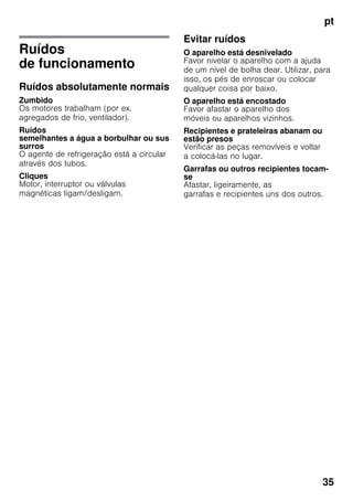 pt
35
Ruídos
de funcionamento
Ruídos absolutamente normais
Zumbido
Os motores trabalham (por ex.
agregados de frio, ventilador).
Ruídos
semelhantes a água a borbulhar ou sus
surros
O agente de refrigeração está a circular
através dos tubos.
Cliques
Motor, interruptor ou válvulas
magnéticas ligam/desligam.
Evitar ruídos
O aparelho está desnivelado
Favor nivelar o aparelho com a ajuda
de um nível de bolha dear. Utilizar, para
isso, os pés de enroscar ou colocar
qualquer coisa por baixo.
O aparelho está encostado
Favor afastar o aparelho dos
móveis ou aparelhos vizinhos.
Recipientes e prateleiras abanam ou
estão presos
Verificar as peças removíveis e voltar
a colocá-las no lugar.
Garrafas ou outros recipientes tocam-
se
Afastar, ligeiramente, as
garrafas e recipientes uns dos outros.
 