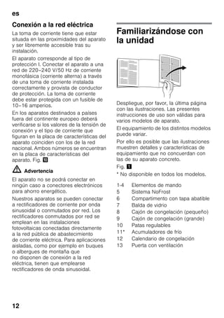 es
12
Conexión a la red eléctrica
La toma de corriente tiene que estar
situada en las proximidades del aparato
y ser libremente accesible tras su
instalación.
El aparato corresponde al tipo de
protección I. Conectar el aparato a una
red de 220–240 V/50 Hz de corriente
monofásica (corriente alterna) a través
de una toma de corriente instalada
correctamente y provista de conductor
de protección. La toma de corriente
debe estar protegida con un fusible de
10–16 amperios.
En los aparatos destinados a países
fuera del continente europeo deberá
verificarse si los valores de la tensión de
conexión y el tipo de corriente que
figuran en la placa de características del
aparato coinciden con los de la red
nacional. Ambos números se encuentran
en la placa de características del
aparato. Fig. *
m Advertencia
El aparato no se podrá conectar en
ningún caso a conectores electrónicos
para ahorro energético.
Nuestros aparatos se pueden conectar
a rectificadores de corriente por onda
sinusoidal o conmutados por red. Los
rectificadores conmutados por red se
emplean en las instalaciones
fotovoltaicas conectadas directamente
a la red pública de abastecimiento
de corriente eléctrica. Para aplicaciones
aisladas, como por ejemplo en buques
o albergues de montaña que
no disponen de conexión a la red
eléctrica, tienen que emplearse
rectificadores de onda sinusoidal.
Familiarizándose con
la unidad
Despliegue, por favor, la última página
con las ilustraciones. Las presentes
instrucciones de uso son válidas para
varios modelos de aparato.
El equipamiento de los distintos modelos
puede variar.
Por ello es posible que las ilustraciones
muestren detalles y características de
equipamiento que no concuerdan con
las de su aparato concreto.
Fig. !
* No disponible en todos los modelos.
1-4 Elementos de mando
5 Sistema NoFrost
6 Compartimento con tapa abatible
7 Balda de vidrio
8 Cajón de congelación (pequeño)
9 Cajón de congelación (grande)
10 Patas regulables
11* Acumuladores de frío
12 Calendario de congelación
13 Puerta con ventilación
 