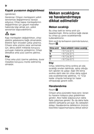 tr
70
Kapak yuvasının değiştirilmesi
(gerekirse)
Gerekirse: Cihazın menteşesini yetkili
servisimize değiştirtmenizi tavsiye
ediyoruz. Cihaz kapısı menteşelerinin
değiştirilmesi için geçerli masraflar
hakkında bilgi almak için, yetkili
servisinize başvurabilirsiniz.
m Uyarı
Kapı menteşeleri değiştirilirken, cihaz
elektrik şebekesine bağlı olmamalıdır.
Elektrik fişini önceden çekip çıkarınız.
Cihazın arka yüzüne zarar vermemek
için, altına yeterli miktarda koruyucu
yumuşak malzeme yerleştiriniz. Cihazı
dikkatlice arka yüzü üzerine yatırınız.
Bilgi
Cihaz arka yüzü üzerine yatırılırsa, duvar
mesafesi koruyucu monte edilmemiş
olmalıdır.
Mekan sıcaklığına
ve havalandırmaya
dikkat edilmelidir
Mekan sıcaklığı
Bu cihaz belli bir klima sınıfı için
tasarlanmıştır. Klima sınıfına bağlı olarak
bu cihazı şu çevre sıcaklıklarında
kullanabilirsiniz.
İklim sınıfı tip levhasının üzerinde bulunur,
Resim *.
Bilgi
Cihaz, bildirilmiş klima sınıfına ait oda
sıcaklığı sınırları dahilinde, sahip olduğu
tüm işlevleri ile çalışır. Eğer SN klima
sınıfına dahil olan bir cihaz daha soğuk
oda sıcaklıklarında işletilirse, +5 °C'ye
kadar cihazda herhangi bir hasar
olmayacağı garanti edilir.
Havalandırma
Resim $
Cihazın arka yüzündeki hava ısınır. Isınan
bu havanın kolayca çıkıp gidebilmesi
gerekir. Aksi halde soğutucunun daha
fazla çalışması gerekir. Bu da daha fazla
elektrik sarfiyatına yol açar. Bu sebepten
dolayı: Havalandırma deliklerinin önünün
kesinlikle kapanmamasına dikkat ediniz!
Klima sınıfı Kabul edilebilir mekan sıcaklığı
SN +10 °C ile 32 °C
N +16 °C ile 32 °C
ST +16 °C ile 38 °C
T +16 °C ile 43 °C
 