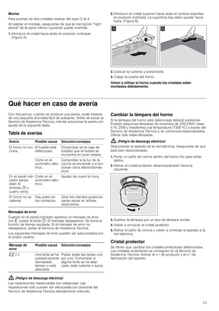13
Montar
Para puertas de dos cristales realizar del paso 2 al 4.
Al realizar el montaje, asegurarse de que la inscripción "right
above" de la parte inferior izquierda quede invertida.
1. Introducir el cristal hacia atrás en posición inclinada
(Figura A).
2. Introducir el cristal superior hacia atrás en ambos soportes
en posición inclinada. La superficie lisa debe quedar hacia
fuera. (Figura B)
3. Colocar la cubierta y presionarla.
4. Colgar la puerta del horno.
Volver a utilizar el horno cuando los cristales estén
montados debidamente.
Qué hacer en caso de avería
Con frecuencia, cuando se produce una avería, suele tratarse
de una pequeña anomalía fácil de subsanar. Antes de avisar al
Servicio de Asistencia Técnica, intentar solucionar la avería con
ayuda de la siguiente tabla.
Tabla de averías
Mensajes de error
Cuando en el panel indicador aparece un mensaje de error
con “, pulsar la tecla 0. El mensaje desaparece. Se borra la
función de tiempo ajustada. Si el mensaje de error no
desaparece, avisar al Servicio de Asistencia Técnica.
Los siguientes mensajes de error pueden ser solucionados por
el propio usuario.
: ¡Peligro de descarga eléctrica!
Las reparaciones inadecuadas son peligrosas. Las
reparaciones sólo pueden ser efectuadas por personal del
Servicio de Asistencia Técnica debidamente instruido.
Cambiar la lámpara del horno
Si la lámpara del horno está deteriorada deberá sustituirse.
Pueden adquirirse lámparas de recambio de 220-240V, base
E14, 25W y resistentes a la temperatura (T300 ºC) a través del
Servicio de Asistencia Técnica o en comercios especializados.
Utilizar sólo estas lámparas.
: ¡Peligro de descarga eléctrica!
Desconectar el aparato de la red eléctrica. Asegurarse de que
está bien desconectado.
1. Poner un paño de cocina dentro del horno frío para evitar
daños.
2. Retirar el cristal protector desenroscándolo hacia la
izquierda.
3. Sustituir la lámpara por un tipo de lámpara similar.
4. Volver a enroscar el cristal protector.
5. Retirar el paño de cocina y volver a conectar el aparato a la
red eléctrica.
Cristal protector
Se tienen que cambiar los cristales protectores deteriorados.
Los cristales protectores se consiguen en el Servicio de
Asistencia Técnica. Indicar el n.º de producto y el n.º de
fabricación del aparato.
Avería Posible causa Solución/consejos
El horno no fun-
ciona.
El fusible está
defectuoso.
Comprobar en la caja de
fusibles que el fusible se
encuentra en buen estado.
Corte en el
suministro eléc-
trico.
Comprobar si la luz de la
cocina se enciende o si fun-
cionan otros electrodomés-
ticos.
En el panel indi-
cador parpa-
dean el
símbolo 0 y
cuatro ceros.
Corte en el
suministro eléc-
trico.
Ajustar de nuevo la hora.
El horno no se
calienta.
Hay polvo en
los contactos.
Girar los mandos giratorios
varias veces en ambas
direcciones.
Mensaje de
error
Posible causa Solución/consejos
“‹‚‚ Una tecla se ha
pulsadodurante
demasiado
tiempo o está
atascada.
Pulsar todas las teclas una
por una. Comprobar si
alguna tecla se ha atas-
cado, está cubierta o sucia.
 