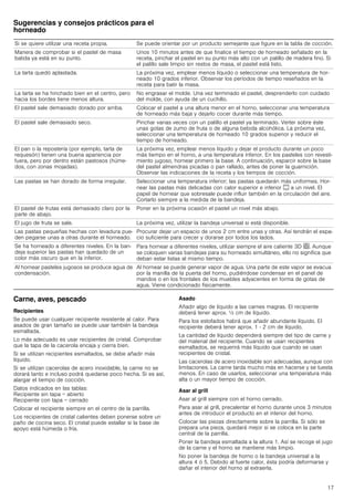 17
Sugerencias y consejos prácticos para el
horneado
Carne, aves, pescado
Recipientes
Se puede usar cualquier recipiente resistente al calor. Para
asados de gran tamaño se puede usar también la bandeja
esmaltada.
Lo más adecuado es usar recipientes de cristal. Comprobar
que la tapa de la cacerola encaja y cierra bien.
Si se utilizan recipientes esmaltados, se debe añadir más
líquido.
Si se utilizan cacerolas de acero inoxidable, la carne no se
dorará tanto e incluso podrá quedarse poco hecha. Si es así,
alargar el tiempo de cocción.
Datos indicados en las tablas:
Recipiente sin tapa = abierto
Recipiente con tapa = cerrado
Colocar el recipiente siempre en el centro de la parrilla.
Los recipientes de cristal calientes deben ponerse sobre un
paño de cocina seco. El cristal puede estallar si la base de
apoyo está húmeda o fría.
Asado
Añadir algo de líquido a las carnes magras. El recipiente
deberá tener aprox. ½ cm de líquido.
Para los estofados habrá que añadir abundante líquido. El
recipiente deberá tener aprox. 1 - 2 cm de líquido.
La cantidad de líquido dependerá siempre del tipo de carne y
del material del recipiente. Cuando se usan recipientes
esmaltados, se requerirá más líquido que cuando se usan
recipientes de cristal.
Las cacerolas de acero inoxidable son adecuadas, aunque con
limitaciones. La carne tarda mucho más en hacerse y se tuesta
menos. En caso de usarlos, seleccionar una temperatura más
alta o un mayor tiempo de cocción.
Asar al grill
Asar al grill siempre con el horno cerrado.
Para asar al grill, precalentar el horno durante unos 3 minutos
antes de introducir el producto en el interior del horno.
Colocar las piezas directamente sobre la parrilla. Si sólo se
prepara una pieza, quedará mejor si se coloca en la parte
central de la parrilla.
Poner la bandeja esmaltada a la altura 1. Así se recoge el jugo
de la carne y el horno se mantiene más limpio.
No poner la bandeja de horno o la bandeja universal a la
altura 4 ó 5. Debido al fuerte calor, ésta podría deformarse y
dañar el interior del horno al extraerla.
Si se quiere utilizar una receta propia. Se puede orientar por un producto semejante que figure en la tabla de cocción.
Manera de comprobar si el pastel de masa
batida ya está en su punto.
Unos 10 minutos antes de que finalice el tiempo de horneado señalado en la
receta, pinchar el pastel en su punto más alto con un palillo de madera fino. Si
el palillo sale limpio sin restos de masa, el pastel está listo.
La tarta quedó aplastada. La próxima vez, emplear menos líquido o seleccionar una temperatura de hor-
neado 10 grados inferior. Observar los períodos de tiempo reseñados en la
receta para batir la masa.
La tarta se ha hinchado bien en el centro, pero
hacia los bordes tiene menos altura.
No engrasar el molde. Una vez terminado el pastel, desprenderlo con cuidado
del molde, con ayuda de un cuchillo.
El pastel sale demasiado dorado por arriba. Colocar el pastel a una altura menor en el horno, seleccionar una temperatura
de horneado más baja y dejarlo cocer durante más tiempo.
El pastel sale demasiado seco. Pinchar varias veces con un palillo el pastel ya terminado. Verter sobre éste
unas gotas de zumo de fruta o de alguna bebida alcohólica. La próxima vez,
seleccionar una temperatura de horneado 10 grados superior y reducir el
tiempo de horneado.
El pan o la repostería (por ejemplo, tarta de
requesón) tienen una buena apariencia por
fuera, pero por dentro están pastosos (húme-
dos, con zonas mojadas).
La próxima vez, emplear menos líquido y dejar el producto durante un poco
más tiempo en el horno, a una temperatura inferior. En los pasteles con revesti-
miento jugoso, hornear primero la base. A continuación, esparcir sobre la base
del pastel almendras picadas o pan rallado, antes de poner la guarnición.
Observar las indicaciones de la receta y los tiempos de cocción.
Las pastas se han dorado de forma irregular. Seleccionar una temperatura inferior; las pastas quedarán más uniformes. Hor-
near las pastas más delicadas con calor superior e inferior % a un nivel. El
papel de hornear que sobresale puede influir también en la circulación del aire.
Cortarlo siempre a la medida de la bandeja.
El pastel de frutas está demasiado claro por la
parte de abajo.
Poner en la próxima ocasión el pastel un nivel más abajo.
El jugo de fruta se sale. La próxima vez, utilizar la bandeja universal si está disponible.
Las pastas pequeñas hechas con levadura pue-
den pegarse unas a otras durante el horneado.
Procurar dejar un espacio de unos 2 cm entre unas y otras. Así tendrán el espa-
cio suficiente para crecer y dorarse por todos los lados.
Se ha horneado a diferentes niveles. En la ban-
deja superior las pastas han quedado de un
color más oscuro que en la inferior.
Para hornear a diferentes niveles, utilizar siempre el aire caliente 3D <. Aunque
se coloquen varias bandejas para su horneado simultáneo, ello no significa que
deban estar listas al mismo tiempo.
Al hornear pasteles jugosos se produce agua de
condensación.
Al hornear se puede generar vapor de agua. Una parte de este vapor se evacua
por la manilla de la puerta del horno, pudiéndose condensar en el panel de
mandos o en los frontales de los muebles adyacentes en forma de gotas de
agua. Viene condicionado físicamente.
 
