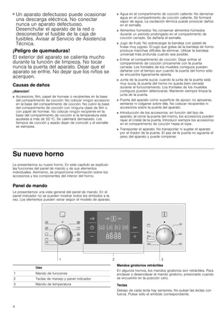 4
■ Un aparato defectuoso puede ocasionar
una descarga eléctrica. No conectar
nunca un aparato defectuoso.
Desenchufar el aparato de la red o
desconectar el fusible de la caja de
fusibles. Avisar al Servicio de Asistencia
Técnica.
¡Peligro de quemaduras!
El exterior del aparato se calienta mucho
durante la función de limpieza. No tocar
nunca la puerta del aparato. Dejar que el
aparato se enfríe. No dejar que los niños se
acerquen.
Causas de daños
¡Atención!
■ Accesorios, film, papel de hornear o recipientes en la base
del compartimento de cocción: No colocar ningún accesorio
en la base del compartimento de cocción. No cubrir la base
del compartimento de cocción con ninguna clase de film o
con papel de hornear. No colocar ningún recipiente en la
base del compartimento de cocción si la temperatura está
ajustada a más de 50 ºC. Se calentará demasiado. Los
tiempos de cocción y asado dejan de coincidir y el esmalte
se estropea.
■ Agua en el compartimento de cocción caliente: No derramar
agua en el compartimento de cocción caliente. Se formará
vapor de agua. La oscilación térmica puede provocar daños
en el esmalte.
■ Alimentos húmedos: No conservar alimentos húmedos
durante un período prolongado en el compartimento de
cocción cerrado. Se dañaría el esmalte.
■ Jugo de fruta: No sobrecargar la bandeja con pastel de
frutas muy jugoso. El jugo que gotea de la bandeja de horno
produce manchas difíciles de eliminar. Utilizar la bandeja
universal más profunda cuando sea posible.
■ Enfriar el compartimento de cocción: Dejar enfriar el
compartimento de cocción únicamente con la puerta
cerrada. Los frontales de los muebles contiguos pueden
dañarse con el tiempo aun cuando la puerta del horno sólo
se encuentre ligeramente abierta.
■ Junta de la puerta sucia: cuando la junta de la puerta está
muy sucia, la puerta del horno no queda bien cerrada
durante el funcionamiento. Los frontales de los muebles
contiguos pueden deteriorarse. Mantener siempre limpia la
junta de la puerta.
■ Puerta del aparato como superficie de apoyo: no apoyarse,
sentarse ni colgarse sobre ella. No colocar recipientes ni
accesorios sobre la puerta del aparato.
■ Introducción de los accesorios: en función del tipo de
aparato, al cerrar la puerta del mismo, los accesorios pueden
rayar el cristal de la puerta. Introducir siempre los accesorios
en el compartimento de cocción hasta el tope.
■ Transportar el aparato: No transportar ni sujetar el aparato
por el tirador de la puerta. El asa de la puerta no aguanta el
peso del aparato y puede romperse.
Su nuevo horno
Le presentamos su nuevo horno. En este capítulo se explican
las funciones del panel de mando y de sus elementos
individuales. Asimismo, se proporciona información sobre los
accesorios y los componentes del interior del horno.
Panel de mando
Le presentamos una vista general del panel de mando. En el
panel indicador no se pueden mostrar todos los símbolos a la
vez. Los elementos pueden variar según el modelo de aparato.
Mandos giratorios retráctiles
En algunos hornos, los mandos giratorios son retráctiles. Para
enclavar o desenclavar el mando giratorio, presionarlo cuando
se encuentre en la posición cero.
Teclas
Debajo de cada tecla hay sensores. No pulsar las teclas con
fuerza. Pulsar sólo el símbolo correspondiente.
Uso
1 Mando de funciones
2 Teclas de manejo y panel indicador
3 Mando de temperatura
 