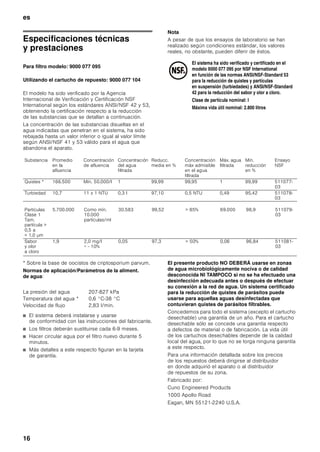 es
15
Extracción de hielo
ã=¡Atención!
No usar la función de extracción de cubitos de hielo
durante más de tres minutos en un período
de 15 minutos. Aguardar unos minutos antes de volver
a efectuar una demanda de cubitos de hielo. ¡El
aparato puede sufrir daños o desperfectos!
Filtro de agua
ã=Advertencia
En las zonas en donde la calidad del agua sea dudosa
o desconocida, el aparato deberá desinfectarse
adecuadamente antes y después de realizar el filtrado
del agua.
El cartucho para el filtro de partículas se puede
adquirir en el Servicio de Asistencia Técnica Oficial
de la marca o a través de un distribuidor de productos.
ã=¡Atención!
■ Después de la instalación de un filtro nuevo,
desechar la producción de hielo de las primeras
24 horas.
■ Si el hielo no fue utilizado por tiempo prolongado,
desechar todos los cubitos de hielo que
se encuentren en el contenedor, al igual que
la producción de hielo de las próximas 24 horas.
■ Si el equipo o el hielo no fue utilizado por varias
semanas o meses en forma activa, o bien si los
cubitos de hielo presentan un gusto o aroma
desagradable, cambiar el filtro de agua.
■ Encerramientos de aire en el sistema pueden ser
causa para que emerja agua o bien para la eyección
del filtro de agua. Cuidado durante la quita.
■ El filtro deberá ser cambiado como mínimo cada
6 meses.
Nota
El circuito del agua se encuentra sometido a baja
presión tras haber extraído agua o hielo. ¡Prestar
atención al retirar el filtro de cartucho!
Sustituir el filtro de cartucho
1. Girar la caperuza del filtro de cartucho (situado en el
zócalo del aparato) en un ángulo de 90°-180° hacia
la izquierda (sentido de marcha contrario al de las
agujas de reloj).
2. Extraer el filtro de cartucho.
3. Extraer el filtro nuevo de su embalaje; retirar
la caperuza protectora del filtro.
4. Retirar la caperuza protectora del filtro de cartucho
agotado.
5. Montar la caperuza protectora en el filtro nuevo.
6. Introducir el filtro de cartucho con caperuza
horizontalmente en la abertura correspondiente
en el zócalo del aparato, hasta el tope.
7. Girar el filtro de cartucho en un ángulo de 90°-180°
hacia la derecha (sentido de marcha de las agujas
del reloj).
8. Verter el agua contenida en el filtro de cartucho
usado en el desagüe. El cartucho usado se puede
evacuar con la basura doméstica.
 