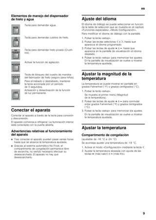 es
8
Elementos de mando
Nota
Cada pulsación de la tecla es confirmada mediante un
sonido acústico en caso de estar activada dicha
opción (ON) en el menú «SONIDO» del modo
«Configuración».
Símbolos en la pantalla de visualización
A Tecla para conexión y desconexión del aparato
Para la conexión y desconexión del aparato
completo.
B Tecla Dispensador de cubitos
Conecta y desconecta el dispensador de hielo,
véase el capítulo «Dispensador de hielo».
C Tecla «alarm»
Desactiva la alarma acústica (véase el capítulo
«Función alarm»).
D Tecla «super» Compartimento de congelación
Conecta y desconecta la función
de supercongelación.
E Pantalla de visualización
En la pantalla de visualización se muestran las
temperaturas de los compartimentos frigorífico
y de congelación. Las funciones especiales
activadas se muestran mediante símbolos.
Mediante el modo «Configuración» muestra
en pantalla los menús y las opciones de ajuste
disponibles, véase el capítulo «Funciones
especiales».
F Teclas selectoras
El ajuste de la temperatura se activa mediante
las teclas, (véase el capítulo «Ajustar la
temperatura»).
Para seleccionar un menú en el modo
«Configuración», (véase el capítulo «Funciones
especiales»).
G Teclas de ajuste
La temperatura se puede modificar mediante las
teclas de ajuste. Véase al respecto el capítulo
«Ajustar la temperatura».
En el modo «Configuración» se pueden efectuar
otros ajustes, véase el capítulo «Funciones
especiales».
H Tecla «setup»
Esta tecla activa y pone fin al modo
«Configuración». Poniendo fin al modo
«Configuración» con la tecla «setup» se
memorizan las modificaciones efectuadas.
I Tecla Vacation
Sirve para conectar y desconectar el modo de
vacaciones (véase el capítulo «Funciones
especiales, apartado «Modo de vacaciones»).
La función Superfrío o Supercongelación
está activada (véase el capítulo Superfrío
o véase el capítulo Supercongelación).
El modo «Vacaciones» está activado, véase
el capítulo «Funciones especiales».
Opciones de ajuste del modo
«Configuración», véase el capítulo
«Funciones especiales».
Se muestra un aviso, véase el capítulo
«Función alarm».
El dispensador de hielo está conectado,
véase el capítulo «Dispensador de hielo».
Información relativa al filtro de agua, véase
el capítulo «Filtro de agua».
 