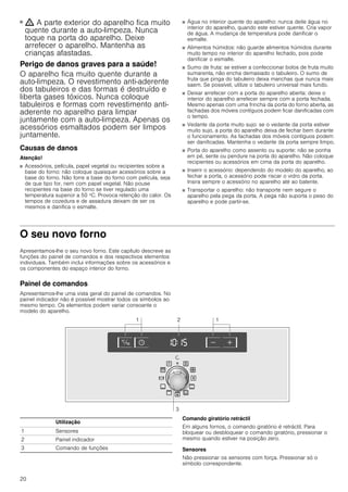 20
■ ; A parte exterior do aparelho fica muito
quente durante a auto-limpeza. Nunca
toque na porta do aparelho. Deixe
arrefecer o aparelho. Mantenha as
crianças afastadas.
Perigo de danos graves para a saúde!
O aparelho fica muito quente durante a
auto-limpeza. O revestimento anti-aderente
dos tabuleiros e das formas é destruído e
liberta gases tóxicos. Nunca coloque
tabuleiros e formas com revestimento anti-
aderente no aparelho para limpar
juntamente com a auto-limpeza. Apenas os
acessórios esmaltados podem ser limpos
juntamente.
Causas de danos
Atenção!
■ Acessórios, película, papel vegetal ou recipientes sobre a
base do forno: não coloque quaisquer acessórios sobre a
base do forno. Não forre a base do forno com película, seja
de que tipo for, nem com papel vegetal. Não pouse
recipientes na base do forno se tiver regulado uma
temperatura superior a 50 ºC. Provoca retenção do calor. Os
tempos de cozedura e de assadura deixam de ser os
mesmos e danifica o esmalte.
■ Água no interior quente do aparelho: nunca deite água no
interior do aparelho, quando este estiver quente. Cria vapor
de água. A mudança de temperatura pode danificar o
esmalte.
■ Alimentos húmidos: não guarde alimentos húmidos durante
muito tempo no interior do aparelho fechado, pois pode
danificar o esmalte.
■ Sumo de fruta: se estiver a confeccionar bolos de fruta muito
sumarenta, não encha demasiado o tabuleiro. O sumo de
fruta que pinga do tabuleiro deixa manchas que nunca mais
saem. Se possível, utilize o tabuleiro universal mais fundo.
■ Deixar arrefecer com a porta do aparelho aberta: deixe o
interior do aparelho arrefecer sempre com a porta fechada.
Mesmo apenas com uma frincha da porta do forno aberta, as
fachadas dos móveis contíguos podem ficar danificadas com
o tempo.
■ Vedante da porta muito sujo: se o vedante da porta estiver
muito sujo, a porta do aparelho deixa de fechar bem durante
o funcionamento. As fachadas dos móveis contíguos podem
ser danificadas. Mantenha o vedante da porta sempre limpo.
■ Porta do aparelho como assento ou suporte: não se ponha
em pé, sente ou pendure na porta do aparelho. Não coloque
recipientes ou acessórios em cima da porta do aparelho.
■ Inserir o acessório: dependendo do modelo do aparelho, ao
fechar a porta, o acessório pode riscar o vidro da porta.
Insira sempre o acessório no aparelho até ao batente.
■ Transportar o aparelho: não transporte nem segure o
aparelho pela pega da porta. A pega não suporta o peso do
aparelho e pode partir-se.
O seu novo forno
Apresentamos-lhe o seu novo forno. Este capítulo descreve as
funções do painel de comandos e dos respectivos elementos
individuais. Também inclui informações sobre os acessórios e
os componentes do espaço interior do forno.
Painel de comandos
Apresentamos-lhe uma vista geral do painel de comandos. No
painel indicador não é possível mostrar todos os símbolos ao
mesmo tempo. Os elementos podem variar consoante o
modelo do aparelho.
Comando giratório retráctil
Em alguns fornos, o comando giratório é retráctil. Para
bloquear ou desbloquear o comando giratório, pressionar o
mesmo quando estiver na posição zero.
Sensores
Não pressionar os sensores com força. Pressionar só o
símbolo correspondente.
Utilização
1 Sensores
2 Painel indicador
3 Comando de funções
 