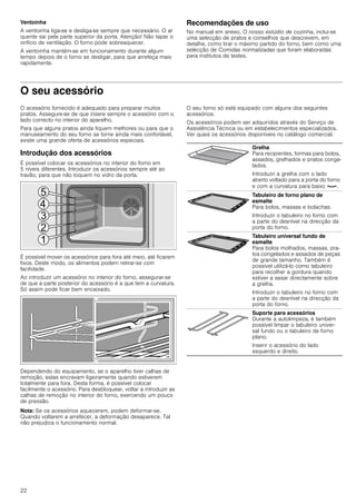 22
Ventoinha
A ventoinha liga-se e desliga-se sempre que necessário. O ar
quente sai pela parte superior da porta. Atenção! Não tapar o
orifício de ventilação. O forno pode sobreaquecer.
A ventoinha mantém-se em funcionamento durante algum
tempo depois de o forno se desligar, para que arrefeça mais
rapidamente.
Recomendações de uso
No manual em anexo, O nosso estúdio de cozinha, inclui-se
uma selecção de pratos e conselhos que descrevem, em
detalhe, como tirar o máximo partido do forno, bem como uma
selecção de Comidas normalizadas que foram elaboradas
para institutos de testes.
O seu acessório
O acessório fornecido é adequado para preparar muitos
pratos. Assegure-se de que insere sempre o acessório com o
lado correcto no interior do aparelho.
Para que alguns pratos ainda fiquem melhores ou para que o
manuseamento do seu forno se torne ainda mais confortável,
existe uma grande oferta de acessórios especiais.
Introdução dos acessórios
É possível colocar os acessórios no interior do forno em
5 níveis diferentes. Introduzir os acessórios sempre até ao
travão, para que não toquem no vidro da porta.
É possível mover os acessórios para fora até meio, até ficarem
fixos. Deste modo, os alimentos podem retirar-se com
facilidade.
Ao introduzir um acessório no interior do forno, assegurar-se
de que a parte posterior do acessório é a que tem a curvatura.
Só assim pode ficar bem encaixado.
Dependendo do equipamento, se o aparelho tiver calhas de
remoção, estas encravam ligeiramente quando estiverem
totalmente para fora. Desta forma, é possível colocar
facilmente o acessório. Para desbloquear, voltar a introduzir as
calhas de remoção no interior do forno, exercendo um pouco
de pressão.
Nota: Se os acessórios aquecerem, podem deformar-se.
Quando voltarem a arrefecer, a deformação desaparece. Tal
não prejudica o funcionamento normal.
O seu forno só está equipado com alguns dos seguintes
acessórios.
Os acessórios podem ser adquiridos através do Serviço de
Assistência Técnica ou em estabelecimentos especializados.
Ver quais os acessórios disponíveis no catálogo comercial.
Grelha
Para recipientes, formas para bolos,
assados, grelhados e pratos conge-
lados.
Introduzir a grelha com o lado
aberto voltado para a porta do forno
e com a curvatura para baixo ¾.
Tabuleiro de forno plano de
esmalte
Para bolos, massas e bolachas.
Introduzir o tabuleiro no forno com
a parte do desnível na direcção da
porta do forno.
Tabuleiro universal fundo de
esmalte
Para bolos molhados, massas, pra-
tos congelados e assados de peças
de grande tamanho. Também é
possível utilizá-lo como tabuleiro
para recolher a gordura quando
estiver a assar directamente sobre
a grelha.
Introduzir o tabuleiro no forno com
a parte do desnível na direcção da
porta do forno.
Suporte para acessórios
Durante a autolimpeza, é também
possível limpar o tabuleiro univer-
sal fundo ou o tabuleiro de forno
plano.
Inserir o acessório do lado
esquerdo e direito.
 