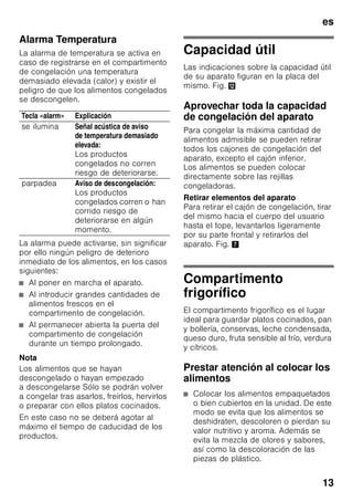 es
12
Ajustar la temperatura
Fig. 2
Compartimento frigorífico
La temperatura se puede ajustar
de +2 °C a +8 °C.
Pulsar la tecla de ajuste
de la temperatura 6 repetidas veces,
hasta alcanzar el valor que se desea
ajustar en el compartimento frigorífico. El
valor mostrado en último lugar
es memorizado.
La temperatura ajustada se muestra
en la indicación 7.
Aconsejamos ajustar
en el compartimento frigorífico una
temperatura de +4 °C.
Los alimentos delicados no deberán
guardarse a una temperatura superior
(más calor) a +4 °C.
Compartimento
de congelación
La temperatura se puede ajustar
de -16 °C a -24 °C.
Pulsar la tecla de ajuste de la
temperatura 3 repetidas veces, hasta
alcanzar el valor que se desea ajustar
en el compartimento de congelación. El
valor mostrado en último lugar
es memorizado.
La temperatura ajustada se muestra
en la indicación de la temperatura 4.
Aconsejamos ajustar en el
compartimento de congelación una
temperatura de -18 °C.
Modalidad de ahorro
energético
En caso de no que no se usara el
aparato durante un breve período, la
indicación de los elementos de mando
cambia a la modalidad de ahorro
energético.
En tal caso, sólo los pilotos de aviso
imprescindibles permanecen iluminados
con una intensidad reducida.
Tan pronto como se hace uso del
aparato, abriendo por ejemplo una
puerta, la pantalla de visualización del
cuadro de mandos recupera su
intensidad de iluminación normal.
Función «alarm»
La señal acústica de aviso se activa
cuando la temperatura en el interior del
compartimento de congelación es
demasiado elevada (calor).
Desactivar la alarma acústica
Fig. 2
Pulsando la tecla «alarm» 1 se desactiva
la alarma acústica.
Alarma Puerta
La alarma puerta se activa cuando una
puerta del aparato permanece abierta
durante más de 1 minuto. La alarma
acústica se desactiva cerrando la puerta.
 