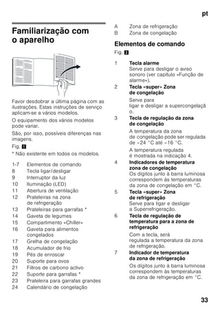 pt
31
O fornecimento inclui
Depois de desembrulhar o aparelho, há
que verificar todas as peças quanto
eventuais danos de transporte.
Para reclamações, dirija-se ao Agente,
onde comprou o aparelho ou à nossa
Assistência Técnica.
O fornecimento é constituído pelas
seguintes peças:
■ Aparelho Solo
■ Saco com material para a montagem
■ Equipamento (dependente do
modelo)
■ Instruções de serviço
■ Instruções de montagem
■ Folheto sobre Assistência Técnica
■ Anexo sobre garantia
■ Informações sobre consumo de
energia e ruídos
Ter em atenção a
temperatura ambiente
e a ventilação
Temperatura ambiente
O aparelho foi concebido para uma
determinada classe climática.
Dependendo da classe
climática, o aparelho pode funcionar
com as seguintes temperaturas
ambiente.
A classe climática encontra-se na chapa
de características, Fig. ,.
Indicação
O aparelho está completamente
operacional dentro dos limites
da temperatura ambiente da classe
climática indicada. Se um aparelho
da classe climática SN for operado
a temperaturas ambientes mais baixas,
podem ser excluídos danos no mesmo
até uma temperatura de +5 °C.
Ventilação
Fig. 3
O ar aquece na parede traseira e nas
paredes laterais do aparelho. O ar
aquecido tem que poder ser expelido
sem impedimentos. De
contrário, a máquina de frio
tem que trabalhar mais. Isto
aumentará o consumo de energia. Por
isso: Não tapar nem obstruir as
aberturas de ventilação!
Classe
climática
Temperatura ambiente
permitida
SN +10 °C até 32 °C
N +16 °C até 32 °C
ST +16 °C até 38 °C
T +16 °C até 43 °C
 