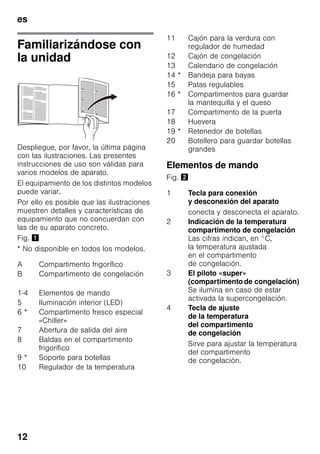es
12
Familiarizándose con
la unidad
Despliegue, por favor, la última página
con las ilustraciones. Las presentes
instrucciones de uso son válidas para
varios modelos de aparato.
El equipamiento de los distintos modelos
puede variar.
Por ello es posible que las ilustraciones
muestren detalles y características de
equipamiento que no concuerdan con
las de su aparato concreto.
Fig. !
* No disponible en todos los modelos.
Elementos de mando
Fig. "
A Compartimento frigorífico
B Compartimento de congelación
1-4 Elementos de mando
5 Iluminación interior (LED)
6 * Compartimento fresco especial
«Chiller»
7 Abertura de salida del aire
8 Baldas en el compartimento
frigorífico
9 * Soporte para botellas
10 Regulador de la temperatura
11 Cajón para la verdura con
regulador de humedad
12 Cajón de congelación
13 Calendario de congelación
14 * Bandeja para bayas
15 Patas regulables
16 * Compartimentos para guardar
la mantequilla y el queso
17 Compartimento de la puerta
18 Huevera
19 * Retenedor de botellas
20 Botellero para guardar botellas
grandes
1 Tecla para conexión
y desconexión del aparato
conecta y desconecta el aparato.
2 Indicación de la temperatura
compartimento de congelación
Las cifras indican, en °C,
la temperatura ajustada
en el compartimento
de congelación.
3 El piloto «super»
(compartimentode congelación)
Se ilumina en caso de estar
activada la supercongelación.
4 Tecla de ajuste
de la temperatura
del compartimento
de congelación
Sirve para ajustar la temperatura
del compartimento
de congelación.
 