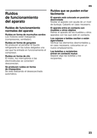 es
23
Ruidos
de funcionamiento
del aparato
Ruidos de funcionamiento
normales del aparato
Ruidos en forma de murmullos sordos
Los motores están trabajando
(compresores, ventilador).
Ruidos en forma de gorgoteo
Se producen al penetrar el líquido
refrigerante en los tubos delgados una
vez que ha entrado en funcionamiento el
compresor.
Ruidos en forma de clic
El motor, los interruptores o las
electroválvulas se conectan/
desconectan.
Se producen ruidos en forma
de chasquidos
Se está realizando el desescarchado
automático.
Ruidos que se pueden evitar
fácilmente
El aparato está colocado en posición
desnivelada
Nivelar el aparato con ayuda de un nivel
de burbuja. Calzarlo en caso necesario.
El aparato entra en contacto con
muebles u otros objetos
Retirar el aparato de los muebles u otros
aparatos con los que esté en contacto.
Los cajones o baldas oscilan o están
agarrotados
Verificar los elementos desmontables y,
en caso necesario, colocarlos en un
nuevo emplazamiento.
Las botellas o recipientes
entran en contacto mutuo
Separar algo las botellas y los
recipientes.
 