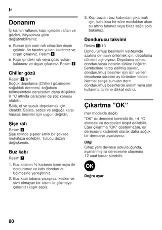 tr
80
Donanım
İç kısmın raflarını, kapı içindeki rafları ve
gözleri, ihtiyacınıza göre
değiştirebilirsiniz:
■ Bunun için cam rafı cihazdan dışarı
çekiniz, ön tarafını yukarı kaldırınız ve
dışarı çıkarınız. Resim (
■ Kapı içindeki rafı veya gözü yukarı
kaldırınız ve dışarı çıkarınız. Resim )
Chiller gözü
Resim !/6 *
Soğuk depolama (Chiller) gözündeki
soğukluk derecesi, soğutucu
bölmesindeki dereceden daha düşüktür.
0 °C altında dereceler de söz konusu
olabilir.
Balık, et ve sucuk depolamak için
idealdir. Salata, sebze ve soğuğa karşı
hassas besinler için uygun değildir.
Şişe rafı
Resim %
Şişe rafında şişeler emin bir şekilde
muhafaza edilebilir. Tutucu düzen
değişkendir.
Buz kabı
Resim '
1. Buz kabının ¾ kadarını içme suyu ile
doldurunuz ve kabı dondurucu
bölmesine yerleştiriniz.
2. Buz kabı tabana yapışırsa, keskin ve
sivri olmayan bir cisim ile çözmeye
çalışınız (kaşık sapı).
3. Küp buzları buz kabından çıkarmak
için, kabı kısa bir süre musluktan akan
su altına tutunuz veya biraz sağa sola
bükünüz.
Dondurucu takvimi
Resim !/13
Dondurulmuş besinlerin kalitesinde
azalma olmasını önlemek için, depolama
süresini aşmayınız. Depolama süresi,
dondurulacak besinin türüne bağlıdır.
Sembollere tertip edilmiş sayılar,
dondurulmuş besinler için izin verilen
depolama süresini ay türünden bildirir.
Normal satışa sunulan derin
dondurulmuş besinlerde üretim veya son
kullanma tarihine dikkat ediniz.
Çıkartma ”OK”
(her modelde değil)
”OK” ısı derecesi kontrolü ile, +4 °C
altındaki ısı dereceleri tespit edilebilir.
Eğer çıkartma ”OK” göstermezse, ısı
derecesini kademeli olarak daha soğuk
bir dereceye ayarlayınız.
Bilgi
Cihaz yeni devreye sokulduğunda,
ayarlanmış ısı derecesine ulaşması
12 saat kadar sürebilir.
Doğru ayar
 