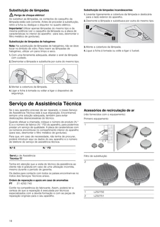 18
Substituição de lâmpadas
: Perigo de choque elétrico!
Ao substituir as lâmpadas, os contactos do casquilho da
lâmpada estão sob corrente. Antes de proceder à substituição,
retire a ficha ou desligue o disjuntor no quadro elétrico.
Importante! Utilizar apenas lâmpadas do mesmo tipo e da
mesma potência (ver o casquilho da lâmpada ou a placa de
características no interior do aparelho - para isso, desmontar o
filtro metálico de gorduras).
Substituição de lâmpadas de halogéneo
Nota: Na substituição de lâmpadas de halogéneo, não se deve
tocar no êmbolo de vidro. Para inserir as lâmpadas de
halogéneo, utilizar um pano limpo e seco.
1. Com uma ferramenta adequada, afastar o anel da lâmpada
com cuidado.
2. Desmontar a lâmpada e substituí-la por outra do mesmo tipo.
3. Montar a cobertura da lâmpada.
4. Ligar a ficha à tomada ou voltar a ligar o dispositivo de
segurança.
Substituição de lâmpadas incandescentes
1. Levantar ligeiramente a cobertura da lâmpada e deslocá-la
para o lado exterior do aparelho.
2. Desmonte a lâmpada e substitua-a por outra do mesmo tipo.
3. Monte a cobertura da lâmpada.
4. Ligue a ficha à tomada ou volte a ligar o fusível.
Serviço de Assistência Técnica
Se o seu aparelho precisar de ser reparado, o nosso Serviço
de Assistência Técnica está à sua disposição. Encontramos
sempre uma solução adequada, também para evitar
deslocações desnecessárias do técnico.
Quando efetuar a chamada, indique o número de produto (N.°
E) e o número de fabrico (N.° FD) do aparelho, para podermos
prestar um serviço de qualidade. A placa de caraterísticas com
os números encontra-se no compartimento interior do aparelho
(para isso, desmontar o filtro metálico de gorduras).
Para que, em caso de necessidade, não tenha de procurar,
poderá introduzir aqui os dados do seu aparelho e o número
de telefone do serviço de assistência técnica.
Tenha em atenção que a visita do técnico da assistência ao
cliente não é gratuita em caso de uma utilização incorreta,
mesmo durante o período de garantia.
Os dados para contacto com todos os países encontram-se no
índice dos Serviços Técnicos anexo.
Ordem de reparação e apoio em caso de anomalias
Confie na competência do fabricante. Assim, poderá ter a
certeza de que a reparação é executada por técnicos
especializados com a devida formação e com as peças de
reparação originais para o seu aparelho.
Acessórios de recirculação de ar
(não fornecidos com o equipamento)
Primeiro equipamento
Filtro de substituição
N.º E N.° FD
Serviço de Assistência
Técnica O
PT 21 4250 740
1
2
1 LZ52750
2 LZ52751
 