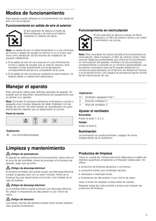 5
Modos de funcionamiento
Este aparato puede utilizarse en funcionamiento con salida de
aire o en recirculación.
Funcionamiento en salida de aire al exterior
Nota: La salida de aire no debe transmitirse ni a una chimenea
de humos o gases de escape en servicio ni a un hueco que
sirva como ventilación de los recintos de instalación de
equipos calefactores.
■ Si la salida de aire se va a evacuar en una chimenea de
humos o gases de escape que no está en servicio, será
necesario contar previamente con la aprobación
correspondiente del técnico competente de la zona.
■ Si la salida de aire se evacua mediante la pared exterior, se
deberá utilizar un pasamuros telescópico.
Funcionamiento en recirculación
Nota: Para neutralizar los olores durante el funcionamiento en
recirculación, debe montarse un filtro de carbono activo. Para
conocer todas las posibilidades que ofrece el funcionamiento
en recirculación del aparato, remitirse a la documentación
correspondiente o consultar en un comercio especializado. Los
accesorios necesarios para tal fin pueden adquirirse en
comercios especializados, en el Servicio de Asistencia Técnica
o en la tienda on-line. Los códigos de accesorios figuran al final
de las instrucciones de uso.
Manejar el aparato
Este manual es válido para distintas variantes de aparato. Es
posible que se describan características de equipamiento que
no aludan a su aparato.
Nota: Encender la campana extractora al empezar a cocinar y
apagarla unos minutos después de haber finalizado con las
tareas de cocción. De esta manera se neutralizarán con gran
efectividad los vapores que se desprenden al cocinar.
Panel de mando
Ajustar el ventilador
Encendido
Pulsar la tecla 1, 2 o 3.
Apagar
Pulsar la tecla 0.
Iluminación
La iluminación se puede encender y apagar de forma
independiente de la ventilación.
Limpieza y mantenimiento
: ¡Peligro de quemaduras!
El aparato se calienta durante el funcionamiento, sobre todo en
la zona de las bombillas. Antes de proceder a la limpieza del
aparato, dejar que se enfríe.
: ¡Peligro de descarga eléctrica!
Si penetra humedad, eso puede causar una descarga eléctrica.
Limpiar el aparato solo con un paño húmedo. Antes de la
limpieza hay que desconectar el enchufe o los fusibles de la
caja de fusibles.
: ¡Peligro de descarga eléctrica!
La humedad interior puede provocar una descarga eléctrica.
No utilizar ni limpiadores de alta presión ni por chorro de
vapor.
: ¡Peligro de lesiones!
Las piezas internas del aparato pueden tener bordes afilados.
Usar guantes protectores.
Productos de limpieza
Tener en cuenta las indicaciones de la tabla para no dañar las
distintas superficies empleando un limpiador inadecuado. No
utilizar
■ productos de limpieza abrasivos o corrosivos,
■ productos fuertes que contengan alcohol,
■ estropajos o esponjas duras,
■ limpiadores de alta presión o por chorro de vapor.
Lavar a fondo las bayetas nuevas antes de usarlas.
Respetar todas las instrucciones y avisos que incluyen los
productos de limpieza.
El aire aspirado se depura a través de
filtros antigrasa y se evacua al exterior
mediante un sistema de tubos. El aire aspirado se depura a través de filtros
antigrasa y un filtro de carbono activo y se vuelve
a suministrar a la cocina.
Explicación
A Luz encendida/apagada
0,1 Ventilador apagado/nivel 1
2 Nivel de ventilador 2
3 Nivel de ventilador 3
Explicación
 