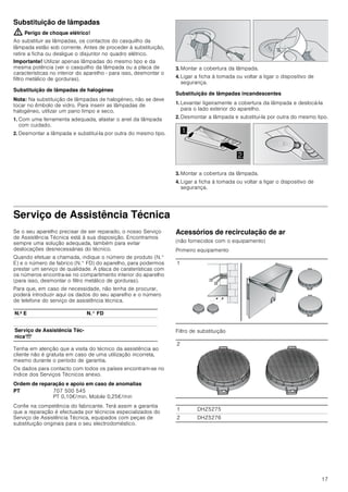 15
Operar o aparelho
Estas instruções aplicam-se a vários modelos de aparelhos. É
possível que sejam descritos vários pormenores de
equipamento individuais que não se aplicam ao seu aparelho.
Nota: Ligue o exaustor no início da cozedura e desligue-o
apenas após passados alguns minutos da cozedura terminar.
O vapor da cozinha é, desta forma, eliminado com maior
eficácia.
Painel de comandos
Regular o ventilador
Ligar
Prima a tecla 1, 2 ou 3.
Desligar
Prima a tecla 0.
Iluminação
A iluminação pode ser ligada ou desligada,
independentemente da ventilação.
Prima a teclaA.
Limpeza e manutenção
: Perigo de queimaduras!
O aparelho aquece durante o funcionamento, sobretudo na
zona das lâmpadas. Deixe o aparelho arrefecer antes de o
limpar.
: Perigo de choque elétrico!
A penetração de humidade pode causar choque elétrico.
Limpar o aparelho apenas com um pano húmido. Antes da
limpeza, retire a ficha da tomada ou o fusível da caixa de
fusíveis.
: Perigo de choque eléctrico!
A humidade que se infiltra no aparelho pode dar origem a um
choque eléctrico. Não utilize aparelhos de limpeza a alta
pressão ou de limpeza a vapor.
: Perigo de ferimentos!
Os componentes interiores do aparelho podem ter arestas
vivas. Use luvas de proteção.
Produtos de limpeza
Para que as diferentes superfícies do aparelho não sejam
danificadas pelo produto de limpeza errado, tenha em atenção
os dados constantes da tabela. Não utilize
■ produtos de limpeza agressivos ou abrasivos,
■ produtos de limpeza com elevado teor de álcool,
■ esfregões de palha-de-aço ou esponjas abrasivas,
■ aparelhos de limpeza a alta pressão ou de limpeza a vapor.
Lave bem os panos de esponja novos, antes de os utilizar.
Tenha em atenção todas as indicações e avisos relativamente
aos produtos de limpeza.


 
Nota explicativa
A Ligar/desligar a luz
0,1 Ventilador desligado/fase 1 do ventilador
2 Fase 2 do ventilador
3 Fase 3 do ventilador
Zona Produtos de limpeza
Aço inoxidável Solução de água quente e detergente:
Limpe com um pano multiusos e
seque com um pano macio.
Limpe as superfícies de aço inoxidá-
vel apenas no sentido do polimento.
Através da assistência técnica ou
numa loja especializada podem ser
adquiridos produtos de limpeza espe-
ciais para aço inoxidável. Aplique
uma pequena quantidade desse pro-
duto com um pano macio.
Superfícies lacadas Solução de água quente e detergente:
Limpe com um pano multiusos
húmido e seque com um pano macio.
Não utilize produtos de limpeza para
aço inoxidável.
Alumínio e plástico Limpa-vidros:
Limpe com um pano macio.
Vidro Limpa-vidros:
Limpe com um pano macio. Não uti-
lize raspadores de vidros.
Elementos de
comando
Solução de água quente e detergente:
Limpe com um pano multiusos
húmido e seque com um pano macio.
Perigo de danificação no sistema ele-
trónico devido a humidade que pene-
tra. Nunca limpar os elementos de
comando com um pano húmido.
Não utilize produtos de limpeza para
aço inoxidável.
 