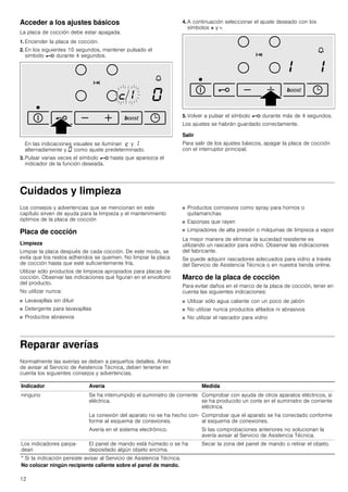 12
Acceder a los ajustes básicos
La placa de cocción debe estar apagada.
1. Encender la placa de cocción.
2. En los siguientes 10 segundos, mantener pulsado el
símbolo @ durante 4 segundos.
En las indicaciones visuales se iluminan ™ y ‚
alternadamente y ‹ como ajuste predeterminado.
3. Pulsar varias veces el símbolo @ hasta que aparezca el
indicador de la función deseada.
4. A continuación seleccionar el ajuste deseado con los
símbolos + y -.
5. Volver a pulsar el símbolo @ durante más de 4 segundos.
Los ajustes se habrán guardado correctamente.
Salir
Para salir de los ajustes básicos, apagar la placa de cocción
con el interruptor principal.
Cuidados y limpieza
Los consejos y advertencias que se mencionan en este
capítulo sirven de ayuda para la limpieza y el mantenimiento
óptimos de la placa de cocción
Placa de cocción
Limpieza
Limpiar la placa después de cada cocción. De este modo, se
evita que los restos adheridos se quemen. No limpiar la placa
de cocción hasta que esté suficientemente fría.
Utilizar sólo productos de limpieza apropiados para placas de
cocción. Observar las indicaciones que figuran en el envoltorio
del producto.
No utilizar nunca:
■ Lavavajillas sin diluir
■ Detergente para lavavajillas
■ Productos abrasivos
■ Productos corrosivos como spray para hornos o
quitamanchas
■ Esponjas que rayen
■ Limpiadores de alta presión o máquinas de limpieza a vapor
La mejor manera de eliminar la suciedad resistente es
utilizando un rascador para vidrio. Observar las indicaciones
del fabricante.
Se puede adquirir rascadores adecuados para vidrio a través
del Servicio de Asistencia Técnica o en nuestra tienda online.
Marco de la placa de cocción
Para evitar daños en el marco de la placa de cocción, tener en
cuenta las siguientes indicaciones:
■ Utilizar sólo agua caliente con un poco de jabón
■ No utilizar nunca productos afilados ni abrasivos
■ No utilizar el rascador para vidrio
Reparar averías
Normalmente las averías se deben a pequeños detalles. Antes
de avisar al Servicio de Asistencia Técnica, deben tenerse en
cuenta los siguientes consejos y advertencias.
Indicador Avería Medida
ninguno Se ha interrumpido el suministro de corriente
eléctrica.
Comprobar con ayuda de otros aparatos eléctricos, si
se ha producido un corte en el suministro de corriente
eléctrica.
La conexión del aparato no se ha hecho con-
forme al esquema de conexiones.
Comprobar que el aparato se ha conectado conforme
al esquema de conexiones.
Avería en el sistema electrónico. Si las comprobaciones anteriores no solucionan la
avería avisar al Servicio de Asistencia Técnica.
Los indicadores parpa-
dean
El panel de mando está húmedo o se ha
depositado algún objeto encima.
Secar la zona del panel de mando o retirar el objeto.
* Si la indicación persiste avisar al Servicio de Asistencia Técnica.
No colocar ningún recipiente caliente sobre el panel de mando.
 