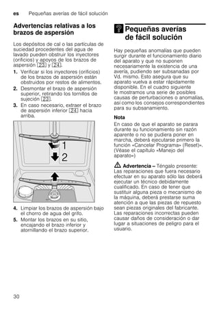 es Pequeñas averías de fácil solución
30
Advertencias relativas a los
brazos de aspersión
Los depósitos de cal o las partículas de
suciedad procedentes del agua de
lavado pueden obstruir los inyectores
(orificios) y apoyos de los brazos de
aspersión 1: y 1B.
1. Verificar si los inyectores (orificios)
de los brazos de aspersión están
obstruidos por restos de alimentos.
2. Desmontar el brazo de aspersión
superior, retirando los tornillos de
sujeción 1:.
3. En caso necesario, extraer el brazo
de aspersión inferior 1B hacia
arriba.
4. Limpiar los brazos de aspersión bajo
el chorro de agua del grifo.
5. Montar los brazos en su sitio,
encajando el brazo inferior y
atornillando el brazo superior.
Pequeñas averías
de fácil soluciónPequeñas averías defácil solución
Hay pequeñas anomalías que pueden
surgir durante el funcionamiento diario
del aparato y que no suponen
necesariamente la existencia de una
avería, pudiendo ser subsanadas por
Vd. mismo. Esto asegura que su
aparato vuelva a estar rápidamente
disponible. En el cuadro siguiente
le mostramos una serie de posibles
causas de perturbaciones o anomalías,
así como los consejos correspondientes
para su subsanamiento.
Nota
En caso de que el aparato se parara
durante su funcionamiento sin razón
aparente o no se pudiera poner en
marcha, deberá ejecutarse primero la
función «Cancelar Programa» (Reset)».
(Véase el capítulo «Manejo del
aparato»)
m Advertencia – Téngalo presente:
Las reparaciones que fuera necesario
efectuar en su aparato sólo las deberá
ejecutar un técnico debidamente
cualificado. En caso de tener que
sustituir alguna pieza o mecanismo de
la máquina, deberá prestarse suma
atención a que las piezas de repuesto
sean piezas originales del fabricante.
Las reparaciones incorrectas pueden
causar daños de consideración o dar
lugar a situaciones de peligro para el
usuario.
 