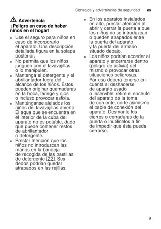 Consejos y advertencias de seguridad es
9
m Advertencia
¡Peligro en caso de haber
niños en el hogar!
Use el seguro para niños en
caso de incorporarlo
el aparato. Una descripción
detallada figura en la solapa
posterior.
No permita que los niños
jueguen con el lavavajillas
o lo manipulen.
Mantenga el detergente y el
abrillantador fuera del
alcance de los niños. Éstos
pueden originar quemaduras
en la boca, faringe y ojos
o incluso provocar asfixia.
Manténganse alejados los
niños del lavavajillas abierto.
El agua que se encuentra en
el interior de la cuba del
aparato no es potable, dado
que puede contener restos
de abrillantador
o detergente.
Prestar atención que los
niños no introduzcan las
manos en la bandeja
de recogida de las pastillas
de detergente 12. Sus
dedos podrían quedar
atrapados en las rejillas.
En los aparatos instalados
en alto, prestar atención al
abrir y cerrar la puerta a que
los niños no se introduzcan
o queden atrapados entre
la puerta del aparato
y la puerta del armario
situado debajo.
Los niños podrían acceder al
aparato y encerrarse dentro
(peligro de asfixia) del
mismo o provocar otras
situaciones peligrosas.
Por eso deberá tenerse en
cuenta al deshacerse
de aparato usado
o inservible: retire el enchufe
del aparato de la toma
de corriente, corte asimismo
el cable de conexión del
aparato. Desmonte los
cierres o cerraduras de la
puerta o inutilícelos a fin
de impedir que ésta pueda
cerrarse.
 