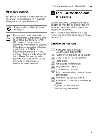 Familiarizándose con el aparato es
11
Aparatos usados
Ténganse en cuenta las advertencias de
seguridad que se hacen en el capítulo
«Desguace del aparato usado».
Familiarizándose con
el aparatoFamiliarizándose con elaparato
Las ilustraciones correspondientes al
cuadro de mandos se encuentran en
la solapa delantera de las presentes
instrucciones de uso.
En el texto se hace referencia a las
diferentes posiciones que aparecen en
las mismas.
Cuadro de mandos
* según el modelo concreto
** Cantidad según modelo
Eliminar el embalaje de forma
ecológica.
Este aparato está marcado con
el símbolo de cumplimiento con
la Directiva Europea 2012/19/
UE relativa a los aparatos
eléctricos y electrónicos usados
(Residuos de aparatos eléctricos
y electrónicos RAEE). La
directiva proporciona el marco
general válido en todo el ámbito
de la Unión Europea para la
retirada y la reutilización de los
residuos de los aparatos
eléctricos y electrónicos.
( Interruptor para Conexión/
Desconexión del aparato
0 Pulsador de apertura de la puerta
8 Mando selector de programas
@ Tecla Inicio
H Pantalla de visualización
P Programación Diferida *
X Funciones adicionales **
` Piloto de aviso de la reposición del
abrillantador
h Indicación de llenado de sal
)" Indicación «Chequee la entrada de
agua»
 