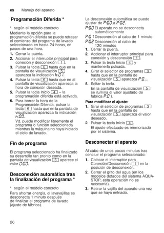 es Manejo del aparato
26
ProgramaciónDiferidaProgramación Diferida *
* según el modelo concreto
Mediante la opción para la
programación diferida se puede retrasar
el comienzo del programa de lavado
seleccionado en hasta 24 horas, en
pasos de una hora.
1. Cerrar la puerta.
2. Accionar el interruptor principal para
conexión y desconexión (.
3. Pulsar la tecla P hasta que en la
pantalla de visualización H
aparezca la indicación : .
4. Pulsar la tecla P hasta que en al
pantalla de visualización aparezca la
hora de conexión deseada.
5. Pulsar la tecla Inicio @ – la
programación diferida está activada.
6. Para borrar la hora de la
Programación Diferida, pulsar la
tecla P hasta que en la pantalla de
visualización aparezca la indicación
: .
Vd. puede modificar libremente el
programa o función seleccionada
mientras la máquina no haya iniciado
el ciclo de lavado.
Fin de programa
El programa seleccionado ha finalizado
su desarrollo tan pronto como en la
pantalla de visualización H aparece el
valor : .
Desconexión automática tras
la finalización del programa *Desconexiónautomáticatraslafinalizacióndelprograma
* según el modelo concreto
Para ahorrar energía, el lavavajillas se
desconecta 1 minuto después
de finalizar el programa de lavado
(ajuste de fábrica).
La desconexión automática se puede
ajustar de : a : .
1. Cerrar la puerta.
2. Accionar el interruptor principal para
conexión y desconexión (.
3. Pulsar la tecla Inicio @ y
mantenerla pulsada.
4. Girar el selector de programas 8
hasta que en la pantalla de
visualización H aparezca : ....
5. Soltar la tecla.
En la pantalla de visualización H
se ilumina el valor ajustado de
fábrica : .
Para modificar el ajuste:
1. Girar el selector de programas 8
hasta que en la pantalla de
visualización H aparezca el valor
deseado.
2. Pulsar la tecla Inicio @.
El ajuste efectuado es memorizado
por el sistema.
Desconectar el aparato
Al cabo de unos pocos minutos tras
concluir el programa seleccionado:
1. Colocar el interruptor para
Conexión/Desconexión ( en la
posición de desconexión.
2. Cerrar el grifo del agua (en los
modelos dotados del sistema AQUA-
STOP, esta operación no es
necesaria).
3. Retirar la vajilla del aparato una vez
que se haya enfriado.
: El aparato no se desconecta
automáticamente
: Desconexión al cabo de 1 minuto
: Desconexión al cabo de
120 minutos
 