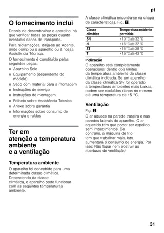 pt
31
O fornecimento inclui
Depois de desembrulhar o aparelho, há
que verificar todas as peças quanto
eventuais danos de transporte.
Para reclamações, dirija-se ao Agente,
onde comprou o aparelho ou à nossa
Assistência Técnica.
O fornecimento é constituído pelas
seguintes peças:
■ Aparelho Solo
■ Equipamento (dependente do
modelo)
■ Saco com material para a montagem
■ Instruções de serviço
■ Instruções de montagem
■ Folheto sobre Assistência Técnica
■ Anexo sobre garantia
■ Informações sobre consumo de
energia e ruídos
Ter em
atenção a temperatura
ambiente
e a ventilação
Temperatura ambiente
O aparelho foi concebido para uma
determinada classe climática.
Dependendo da classe
climática, o aparelho pode funcionar
com as seguintes temperaturas
ambiente.
A classe climática encontra-se na chapa
de características, Fig. '.
Indicação
O aparelho está completamente
operacional dentro dos limites
da temperatura ambiente da classe
climática indicada. Se um aparelho
da classe climática SN for operado
a temperaturas ambientes mais baixas,
podem ser excluídos danos no mesmo
até uma temperatura de +5 °C.
Ventilação
Fig. "
O ar aquece na parede traseira e nas
paredes laterais do aparelho. O ar
aquecido tem que poder ser expelido
sem impedimentos. De
contrário, a máquina de frio
tem que trabalhar mais. Isto
aumentará o consumo de energia. Por
isso: Não tapar nem obstruir as
aberturas de ventilação!
Classe
climática
Temperaturaambiente
permitida
SN +10 °C até 32 °C
N +16 °C até 32 °C
ST +16 °C até 38 °C
T +16 °C até 43 °C
 