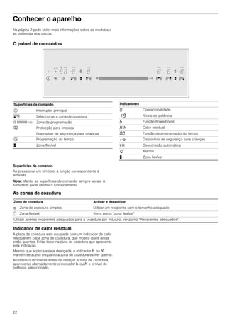 22
Conhecer o aparelho
Na página 2 pode obter mais informações sobre as medidas e
as potências dos discos.
O painel de comandos
Superfícies de comando
Ao pressionar um símbolo, a função correspondente é
activada.
Nota: Manter as superfícies de comando sempre secas. A
humidade pode afectar o funcionamento.
As zonas de cozedura
Indicador de calor residual
A placa de cozedura está equipada com um indicador de calor
residual em cada zona de cozedura, que mostra quais ainda
estão quentes. Evitar tocar na zona de cozedura que apresenta
esta indicação.
Mesmo que a placa esteja desligada, o indicador œ ou •
mantém-se aceso enquanto a zona de cozedura estiver quente.
Ao retirar o recipiente antes de desligar a zona de cozedura,
aparecerão alternadamente o indicador œ ou • e o nível de
potência seleccionado.
Superfícies de comando
# Interruptor principal
° Seleccionar a zona de cozedura
0 IIIIIIIIIIII +b Zona de programação
# Protecção para limpeza
Dispositivo de segurança para crianças
0 Programação do tempo
þ Zona flexível
Indicadores
‹ Operacionalidade
‚-Š Níveis de potência
› Função Powerboost
•/œ Calor residual
‹‹ Função de programação do tempo
@ Dispositivo de segurança para crianças
x Desconexão automática
S Alarme
þ Zona flexível
Zona de cozedura Activar e desactivar
Ù Zona de cozedura simples Utilizar um recipiente com o tamanho adequado
û Zona flexível Ver o ponto "zona flexível"
Utilizar apenas recipientes adequados para a cozedura por indução, ver ponto "Recipientes adequados".
 