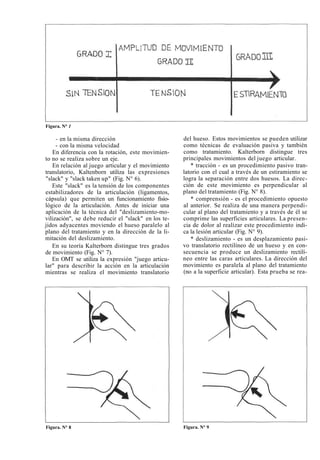 Figura. N° 1 
- en la misma dirección 
- con la misma velocidad 
En diferencia con la rotación, este movimien-to 
no se realiza sobre un eje. 
En relación al juego articular y el movimiento 
translatorio, Kaltenborn utiliza las expresiones 
"slack" y "slack taken up" (Fig. N° 6). 
Este "slack" es la tensión de los componentes 
estabilizadores de la articulación (ligamentos, 
cápsula) que permiten un funcionamiento fisio-lógico 
de la articulación. Antes de iniciar una 
aplicación de la técnica del "deslizamiento-mo-vilización", 
se debe reducir el "slack" en los te-jidos 
adyacentes moviendo el hueso paralelo al 
plano del tratamiento y en la dirección de la li-mitación 
del deslizamiento. 
En su teoría Kalterborn distingue tres grados 
de movimiento (Fig. N° 7). 
En OMT se utiliza la expresión "juego articu-lar" 
para describir la acción en la articulación 
mientras se realiza el movimiento translatorio 
del hueso. Estos movimientos se pueden utilizar 
como técnicas de evaluación pasiva y también 
como tratamiento. Kalterborn distingue tres 
principales movimientos del juego articular. 
* tracción - es un procedimiento pasivo tran-latorio 
con el cual a través de un estiramiento se 
logra la separación entre dos huesos. La direc-ción 
de este movimiento es perpendicular al 
plano del tratamiento (Fig. N° 8). 
* comprensión - es el procedimiento opuesto 
al anterior. Se realiza de una manera perpendi-cular 
al plano del tratamiento y a través de él se 
comprime las superficies articulares. La presen-cia 
de dolor al realizar este procedimiento indi-ca 
la lesión articular (Fig. N° 9). 
* deslizamiento - es un desplazamiento pasi-vo 
translatorio rectilíneo de un hueso y en con-secuencia 
Figura. N° 8 Figura. N° 9 
se produce un deslizamiento rectilí-neo 
entre las caras articulares. La dirección del 
movimiento es paralela al plano del tratamiento 
(no a la superficie articular). Esta prueba se rea- 
 