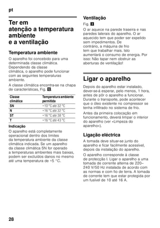 pt
27
Instruções sobre
reciclagem
* Reciclagem da embalagem
A embalagem protege o seu aparelho
de danos no transporte. Os materiais
utilizados não são poluentes e são
reutilizáveis. Proceda à reciclagem
da embalagem de forma compatível
com o meio ambiente.
Junto do seu Agente ou dos Serviços
Municipalizados poderá informar-se
sobre os procedimentos actuais
de reciclagem.
* Reciclagem dos aparelhos
usados
Os aparelhos antigos não são lixo sem
qualquer valor! Através duma reciclagem
compatível com o meio ambiente,
podem ser recuperadas matérias primas
valiosas.
ã=Aviso
Em aparelhos fora de serviço
1. Desligar a ficha da tomada.
2. Cortar o cabo eléctrico e afastá-lo
do aparelho com a respectiva ficha.
3. Não retirar as prateleiras
e os recipientes, para evitar que
as crianças trepem com a ajuda
destes.
4. Não deixar que as crianças brinquem
com o aparelho fora de serviço.
Perigo de asfixia!
Os aparelhos de frio contêm agente
refrigerador e, no isolamento, gases.
O agente refrigerador e os gases devem
ser eliminados correctamente. Ter
cuidado para não danificar a tubagem
do agente refrigerador até à sua
reciclagem correcta.
O fornecimento inclui
Depois de desembrulhar o aparelho, há
que verificar todas as peças quanto
eventuais danos de transporte.
Para reclamações, dirija-se ao Agente,
onde comprou o aparelho ou à nossa
Assistência Técnica.
O fornecimento é constituído pelas
seguintes peças:
■ Aparelho Solo
■ Saco com material para a montagem
■ Equipamento (dependente do
modelo)
■ Instruções de serviço
■ Instruções de montagem
■ Folheto sobre Assistência Técnica
■ Anexo sobre garantia
■ Informações sobre consumo de
energia e ruídos
Este aparelho está marcado
em conformidade com a Directiva
2002/96/EG relativa aos
resíduos de equipamentos
eléctricos e electrónicos (waste
electrical and electronic
equipment – WEEE). A directiva
estabelece o quadro para
a criação de um sistema de
recolha e valorização dos
equipamentos usados válido
em todos os Estados Membros
da União Europeia.
 