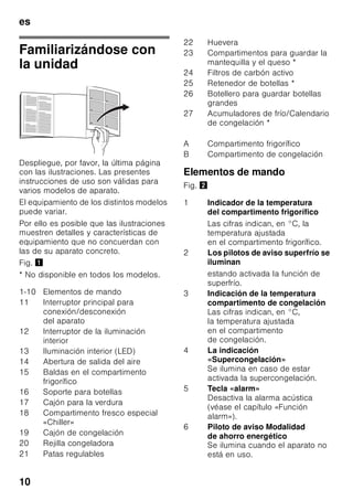 es
9
Ventilación
Fig. 3
El aire en las paredes posterior
y laterales se calienta durante el
funcionamiento normal del aparato.
El aire recalentado debe poder escapar
libremente. De lo contrario, el aparato
tendrá que aumentar su rendimiento
provocando un consumo de energía
eléctrica elevado e inútil. Por esta razón
habrá que prestar particular atención
a que las aberturas de ventilación
y aireación no estén nunca obstruidas!
Conectar el aparato
a la red eléctrica
Tras colocar el aparato en su
emplazamiento definitivo deberá dejarse
reposar éste durante aprox. una hora
antes de ponerlo en funcionamiento.
Durante el transporte del aparato puede
ocurrir que el aceite contenido en el
compresor penetre en el circuito del frío.
Limpiar el interior del aparato antes de
su puesta en funcionamiento inicial
(véase el capítulo «Limpieza el aparato»).
Conexión a la red eléctrica
La toma de corriente tiene que estar
situada en las proximidades del aparato
y ser libremente accesible tras su
instalación.
El aparato corresponde al tipo de
protección I. Conectar el aparato a una
red de 220–240 V/50 Hz de corriente
monofásica (corriente alterna) a través
de una toma de corriente instalada
correctamente y provista de conductor
de protección. La toma de corriente
debe estar protegida con un fusible de
10–16 amperios.
En los aparatos destinados a países
fuera del continente europeo deberá
verificarse si los valores de la tensión de
conexión y el tipo de corriente que
figuran en la placa de características del
aparato coinciden con los de la red
nacional. Ambos números se encuentran
en la placa de características del
aparato. Fig. ,
ã=Advertencia
El aparato no se podrá conectar en
ningún caso a conectores electrónicos
para ahorro energético.
Nuestros aparatos se pueden conectar
a rectificadores de corriente por onda
sinusoidal o conmutados por red. Los
rectificadores conmutados por red se
emplean en las instalaciones
fotovoltaicas conectadas directamente
a la red pública de abastecimiento
de corriente eléctrica. Para aplicaciones
aisladas, como por ejemplo en buques
o albergues de montaña que
no disponen de conexión a la red
eléctrica, tienen que emplearse
rectificadores de onda sinusoidal.
 