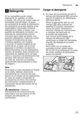 Detergente es
23
Detergente
Detergente
En su lavavajillas puede cargar
detergente en pastillas, en polvo
o líquido. ¡No utilizar en ningún caso un
lavavajillas manual! Según el grado
de suciedad de la vajilla, la dosificación
del detergente se puede adaptar a las
necesidades individuales mediante
detergente en polvo o líquido. Las
pastillas de detergente contienen una
cantidad de componentes activos
suficiente para todas las tareas. Los
potentes detergentes modernos suelen
emplear formulaciones de bajo
contenido alcalino, con fosfatos
y enzimas. El fosfato engloba la cal
contenida en el agua. Las enzimas
degradan el almidón y la albúmina.
Menos frecuentes son los detergentes
exentos de fosfatos. Éstos poseen una
capacidad de englobe de la cal algo
menor y requieren una dosificación más
elevada. Para eliminar manchas
de color (té, ketchup) se emplean
generalmente blanqueadores a base
de oxígeno.
Nota
Para lograr un buen resultado de lavado
de la vajilla, deberán observarse
estrictamente las instrucciones que
figuran en el envase de los detergentes.
En caso de dudas o preguntas, le
aconsejamos se dirija a los Centros
de información o asesoramiento al
consumidor de los fabricantes de los
detergentes.
m Advertencia – Observar
estrictamente las instrucciones de
seguridad y uso que figuran en los
envases del detergente y el
abrillantador.
Cargar el detergente
1. En caso de encontrarse cerrada la
cámara del detergente 9:, accionar
primero la palanca de desbloqueo
9B para abrirla.
Poner el detergente sólo en una
cámara 9: seca (colocar las
pastillas en posición transversal,
nunca de canto). Dosificación
correcta: Léanse las instrucciones
y consejos del fabricante en
el envase del detergente.
Las marcas dosificadoras de la
cámara de detergente 9:
contribuyen a cargar las cantidades
exactas del detergente en polvo
o líquido.
Para vajilla con un grado de
suciedad normal, suelen bastar
20 ml–25 ml de detergente. En caso
de utilizar pastillas de detergente,
basta una pastilla.
 