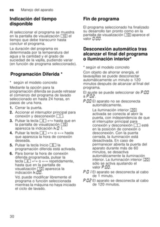 es Manejo del aparato
30
Indicación del tiempo
disponible
Al seleccionar el programa se muestra
en la pantalla de visualización )" el
tiempo que debe transcurrir hasta
concluir el programa.
La duración del programa es
determinada por la temperatura del
agua y la cantidad y el grado de
suciedad de la vajilla, pudiendo variar
(en función de programa seleccionado).
ProgramaciónDiferidaProgramación Diferida *
* según el modelo concreto
Mediante la opción para la
programación diferida se puede retrasar
el comienzo del programa de lavado
seleccionado en hasta 24 horas, en
pasos de una hora.
1. Cerrar la puerta.
2. Accionar el interruptor principal para
conexión y desconexión (.
3. Pulsar la tecla @ «+» hasta que en
la pantalla de visualización )"
aparezca la indicación : .
4. Pulsar la tecla @ «+» o «–» hasta
que aparezca la hora de conexión
deseada.
5. Pulsar la tecla Inicio P la
programación diferida está activada.
6. Para borrar la hora de conexión
diferida programada, pulsar la
tecla @ «+» o «–» repetidamente,
hasta que en la pantalla de
visualización )" aparezca la
indicación : .
Vd. puede modificar libremente el
programa o función seleccionada
mientras la máquina no haya iniciado
el ciclo de lavado.
Fin de programa
El programa seleccionado ha finalizado
su desarrollo tan pronto como en la
pantalla de visualización )" aparece el
valor : .
Desconexión automática tras
alcanzar el final del programa
o iluminación interior*Desconexiónautomática/Iluminacióninterior
* según el modelo concreto
Con objeto de ahorrar energía, el
lavavajillas se puede desconectar
automáticamente un minuto o 120
minutos después de alcanzar al final del
programa.
El ajuste se puede seleccionar de :
a : .
: El aparato no se desconecta
automáticamente.
La iluminación interior 1"
activada se conecta al abrir la
puerta, con independencia de que
el interruptor principal para
conexión y desconexión ( esté
en la posición de conexión o
desconexión. Con la puerta
cerrada, la iluminación está
desactivada. En caso de
permanecer abierta la puerta del
aparato durante más de 60
minutos, se desactiva
automáticamente la iluminación
interior. La iluminación interior 1"
sólo se activa ajustando el
valor : .
: El aparato se desconecta al cabo
de 1 minuto.
: El aparato se desconecta al cabo
de 120 minutos.
 