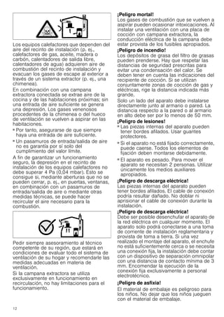 12
Los equipos calefactores que dependen del
aire del recinto de instalación (p. ej.,
calefactores de gas, aceite, madera o
carbón, calentadores de salida libre,
calentadores de agua) adquieren aire de
combustión del recinto de instalación y
evacuan los gases de escape al exterior a
través de un sistema extractor (p. ej., una
chimenea).
En combinación con una campana
extractora conectada se extrae aire de la
cocina y de las habitaciones próximas; sin
una entrada de aire suficiente se genera
una depresión. Los gases venenosos
procedentes de la chimenea o del hueco
de ventilación se vuelven a aspirar en las
habitaciones.
■ Por tanto, asegurarse de que siempre
haya una entrada de aire suficiente.
■ Un pasamuros de entrada/salida de aire
no es garantía por sí solo del
cumplimiento del valor límite.
A fin de garantizar un funcionamiento
seguro, la depresión en el recinto de
instalación de los equipos calefactores no
debe superar 4 Pa (0,04 mbar). Esto se
consigue si, mediante aberturas que no se
pueden cerrar, p. ej., en puertas, ventanas,
en combinación con un pasamuros de
entrada/salida de aire o mediante otras
medidas técnicas, se puede hacer
recircular el aire necesario para la
combustión.
Pedir siempre asesoramiento al técnico
competente de su región, que estará en
condiciones de evaluar todo el sistema de
ventilación de su hogar y recomendarle las
medidas adecuadas en materia de
ventilación.
Si la campana extractora se utiliza
exclusivamente en funcionamiento en
recirculación, no hay limitaciones para el
funcionamiento.
¡Peligro mortal!
Los gases de combustión que se vuelven a
aspirar pueden ocasionar intoxicaciones. Al
instalar una ventilación con una placa de
cocción con campana extractora, la
conducción eléctrica de la campana debe
estar provista de los fusibles apropiados.
¡Peligro de incendio!
Los depósitos de grasa del filtro de grasas
pueden prenderse. Hay que respetar las
distancias de seguridad prescritas para
evitar una condensación del calor. Se
deben tener en cuenta las indicaciones del
recipiente de cocción. Si se utilizan
conjuntamente zonas de cocción de gas y
eléctricas, rige la distancia indicada más
grande.
Solo un lado del aparato debe instalarse
directamente junto al armario o pared. La
distancia respecto a la pared o al armario
en alto debe ser por lo menos de 50 mm.
¡Peligro de lesiones!
■ Las piezas internas del aparato pueden
tener bordes afilados. Usar guantes
protectores.
¡Peligro de lesiones!
■ Si el aparato no está fijado correctamente,
puede caerse. Todos los elementos de
fijación deben montarse debidamente.
¡Peligro de lesiones!
■ El aparato es pesado. Para mover el
aparato se necesitan 2 personas. Utilizar
únicamente los medios auxiliares
apropiados.
¡Peligro de descarga eléctrica!
Las piezas internas del aparato pueden
tener bordes afilados. El cable de conexión
podría resultar dañado. No doblar ni
aprisionar el cable de conexión durante la
instalación.
¡Peligro de descarga eléctrica!
Debe ser posible desenchufar el aparato de
la red eléctrica en cualquier momento. El
aparato solo podrá conectarse a una toma
de corriente de instalación reglamentaria y
provista de toma a tierra. Si una vez
realizado el montaje del aparato, el enchufe
no está suficientemente cerca o se necesita
una conexión fija, la instalación debe contar
con un dispositivo de separación omnipolar
con una distancia de contacto mínima de 3
mm. Encomendar la ejecución de la
conexión fija exclusivamente a personal
electrotécnico.
¡Peligro de asfixia!
El material de embalaje es peligroso para
los niños. No dejar que los niños jueguen
con el material de embalaje.
 