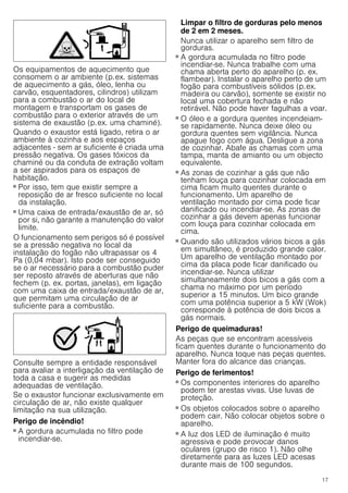 17
Os equipamentos de aquecimento que
consomem o ar ambiente (p.ex. sistemas
de aquecimento a gás, óleo, lenha ou
carvão, esquentadores, cilindros) utilizam
para a combustão o ar do local de
montagem e transportam os gases de
combustão para o exterior através de um
sistema de exaustão (p.ex. uma chaminé).
Quando o exaustor está ligado, retira o ar
ambiente à cozinha e aos espaços
adjacentes - sem ar suficiente é criada uma
pressão negativa. Os gases tóxicos da
chaminé ou da conduta de extração voltam
a ser aspirados para os espaços de
habitação.
■ Por isso, tem que existir sempre a
reposição de ar fresco suficiente no local
da instalação.
■ Uma caixa de entrada/exaustão de ar, só
por si, não garante a manutenção do valor
limite.
O funcionamento sem perigos só é possível
se a pressão negativa no local da
instalação do fogão não ultrapassar os 4
Pa (0,04 mbar). Isto pode ser conseguido
se o ar necessário para a combustão puder
ser reposto através de aberturas que não
fechem (p. ex. portas, janelas), em ligação
com uma caixa de entrada/exaustão de ar,
que permitam uma circulação de ar
suficiente para a combustão.
Consulte sempre a entidade responsável
para avaliar a interligação da ventilação de
toda a casa e sugerir as medidas
adequadas de ventilação.
Se o exaustor funcionar exclusivamente em
circulação de ar, não existe qualquer
limitação na sua utilização.
Perigo de incêndio!
■ A gordura acumulada no filtro pode
incendiar-se.
Limpar o filtro de gorduras pelo menos
de 2 em 2 meses.
Nunca utilizar o aparelho sem filtro de
gorduras.
Perigo de incêndio!
■ A gordura acumulada no filtro pode
incendiar-se. Nunca trabalhe com uma
chama aberta perto do aparelho (p. ex.
flambear). Instalar o aparelho perto de um
fogão para combustíveis sólidos (p.ex.
madeira ou carvão), somente se existir no
local uma cobertura fechada e não
retirável. Não pode haver fagulhas a voar.
Perigo de incêndio!
■ O óleo e a gordura quentes incendeiam-
se rapidamente. Nunca deixe óleo ou
gordura quentes sem vigilância. Nunca
apague fogo com água. Desligue a zona
de cozinhar. Abafe as chamas com uma
tampa, manta de amianto ou um objecto
equivalente.
Perigo de incêndio!
■ As zonas de cozinhar a gás que não
tenham louça para cozinhar colocada em
cima ficam muito quentes durante o
funcionamento. Um aparelho de
ventilação montado por cima pode ficar
danificado ou incendiar-se. As zonas de
cozinhar a gás devem apenas funcionar
com louça para cozinhar colocada em
cima.
Perigo de incêndio!
■ Quando são utilizados vários bicos a gás
em simultâneo, é produzido grande calor.
Um aparelho de ventilação montado por
cima da placa pode ficar danificado ou
incendiar-se. Nunca utilizar
simultaneamente dois bicos a gás com a
chama no máximo por um período
superior a 15 minutos. Um bico grande
com uma potência superior a 5 kW (Wok)
corresponde à potência de dois bicos a
gás normais.
Perigo de queimaduras!
As peças que se encontram acessíveis
ficam quentes durante o funcionamento do
aparelho. Nunca toque nas peças quentes.
Manter fora do alcance das crianças.
Perigo de ferimentos!
■ Os componentes interiores do aparelho
podem ter arestas vivas. Use luvas de
proteção.
Perigo de ferimentos!
■ Os objetos colocados sobre o aparelho
podem cair. Não colocar objetos sobre o
aparelho.
Perigo de ferimentos!
■ A luz dos LED de iluminação é muito
agressiva e pode provocar danos
oculares (grupo de risco 1). Não olhe
diretamente para as luzes LED acesas
durante mais de 100 segundos.
 