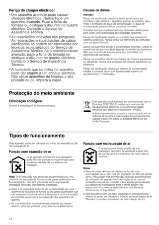 18
Perigo de choque eléctrico!
■ Um aparelho avariado pode causar
choques eléctricos. Nunca ligue um
aparelho avariado. Puxe a ficha da
tomada ou desligue o disjuntor no quadro
eléctrico. Contacte o Serviço de
Assistência Técnica.
Perigo de choque eléctrico!
■ As reparações indevidas são perigosas.
As reparações e substituições de cabos
danificados só podem ser efectuadas por
técnicos especializados do Serviço de
Assistência Técnica. Se o aparelho estiver
avariado, puxe a ficha da tomada ou
desligue o disjuntor no quadro eléctrico.
Contacte o Serviço de Assistência
Técnica.
Perigo de choque eléctrico!
■ A humidade que se infiltra no aparelho
pode dar origem a um choque eléctrico.
Não utilize aparelhos de limpeza a alta
pressão ou de limpeza a vapor.
Causas de danos
Atenção!
Perigo de danificação devido a danos provocados por
corrosão. Ligar sempre o aparelho quando se cozinha, para
evitar a formação de água de condensação. A água de
condensação pode provocar danos de corrosão.
Substituir sempre imediatamente as lâmpadas defeituosas,
para evitar uma sobrecarga das lâmpadas restantes.
Perigo de danificação devido a humidade que penetra no
sistema eletrónico. Nunca limpar os elementos de comando
com um pano húmido.
Danos na superfície devido a uma limpeza incorreta. Limpar as
superfícies de aço inoxidável apenas no sentido do polimento.
Não usar produto de limpeza para aço inoxidável nos
elementos de comando.
Danos na superfície devido a produtos de limpeza agressivos
ou abrasivos. Nunca usar produtos de limpeza agressivos ou
abrasivos.
Perigo de danificação devido ao retorno de condensação.
Instalar a conduta de ar com ligeira queda a partir do
equipamento (1ª inclinação).
Protecção do meio ambiente
Eliminação ecológica
Elimine a embalagem de forma ecológica.
Tipos de funcionamento
Este aparelho pode ser utilizado em modo de exaustão ou de
recirculação de ar.
Função com exaustão de ar
Nota: O ar evacuado não pode ser encaminhado por uma
chaminé de exaustão de fumos ou de gases queimados em
funcionamento, nem por uma caixa de ar que sirva de
ventilação de locais com lareiras instaladas.
■ Caso o ar evacuado tenha de ser encaminhado por uma
chaminé de exaustão de fumos ou de gases queimados que
não esteja em funcionamento, é necessária uma autorização
da entidade supervisora da instalação dos aparelhos de
queima.
■ Se o ar evacuado for encaminhado através da parede
exterior, deve ser utilizada uma caixa mural telescópica.
Função com recirculação de ar
Notas
■ Para se poder eliminar os odores na função com
recirculação de ar, tem que ser montado um filtro de carvão
altivo. Para poder tirar proveito das diversas possibilidades
de utilização do aparelho em circulação de ar, leia os
prospetos anexos ou consulte o seu agente especializado.
Os acessórios necessários para o efeito podem ser
adquiridos no comércio especializado, nos Serviços
Técnicos ou na loja Online.
■ Nos aparelhos com um filtro adicional no compartimento
interior só pode ser utilizado o módulo de recirculação de ar
CleanAir (consultar acessórios de recirculação de ar).
Este aparelho está marcado em conformidade com a
Directiva 2012/19/UE relativa aos resíduos de
equipamentos eléctricos e electrónicos (waste
electrical and electronic equipment - WEEE).
A directiva estabelece o quadro para a criação de um
sistema de recolha e valorização dos equipamentos
usados válido em todos os Estados Membros da
União Europeia.
O ar aspirado é limpo na sua passagem
pelo filtro de gordura e encaminhado para
o exterior através de um sistema de
tubagem.
O ar aspirado é limpo através da sua
passagem pelo filtro de gorduras e pelo filtro
de carvão ativo e conduzido, de novo, para a
cozinha.
 