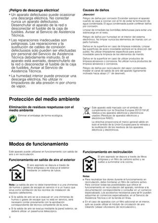 4
¡Peligro de descarga eléctrica!
■ Un aparato defectuoso puede ocasionar
una descarga eléctrica. No conectar
nunca un aparato defectuoso.
Desenchufar el aparato de la red o
desconectar el fusible de la caja de
fusibles. Avisar al Servicio de Asistencia
Técnica.
¡Peligro de descarga eléctrica!
■ Las reparaciones inadecuadas son
peligrosas. Las reparaciones y la
sustitución de cables de conexión
defectuosos solo pueden ser efectuadas
por personal del Servicio de Asistencia
Técnica debidamente instruido. Si el
aparato está averiado, desenchufarlo de
la red o desconectar el fusible de la caja
de fusibles. Avisar al Servicio de
Asistencia Técnica.
¡Peligro de descarga eléctrica!
■ La humedad interior puede provocar una
descarga eléctrica. No utilizar ni
limpiadores de alta presión ni por chorro
de vapor.
Causas de daños
¡Atención!
Peligro de daños por corrosión Encender siempre el aparato
cuando se vaya a cocinar con el fin de evitar la formación de
agua condensada. El agua condensada puede conllevar daños
por corrosión.
Limpiar de inmediato las bombillas defectuosas para evitar una
sobrecarga en el resto.
Peligro de daños por humedad en el interior del sistema
electrónico. No limpiar nunca los elementos de mando con un
paño húmedo.
Daños en la superficie en caso de limpieza indebida. Limpiar
las superficies de acero inoxidable siempre en la dirección del
pulido. No utilizar limpiadores específicos para acero
inoxidable para la limpieza de los elementos de mando.
Daños en la superficie en caso de utilizar productos de
limpieza abrasivos o corrosivos. No utilizar nunca productos de
limpieza abrasivos o corrosivos.
Peligro de daños por recirculación del vapor condensado.
Instalar el canal de salida de aire del aparato ligeramente
inclinado hacia abajo (1° de desnivel).
Protección del medio ambiente
Eliminación de residuos respetuosa con el
medio ambiente
Modos de funcionamiento
Este aparato puede utilizarse en funcionamiento con salida de
aire o en recirculación.
Funcionamiento en salida de aire al exterior
Nota: La salida de aire no debe transmitirse ni a una chimenea
de humos o gases de escape en servicio ni a un hueco que
sirva como ventilación de los recintos de instalación de
equipos calefactores.
■ Si la salida de aire se va a evacuar en una chimenea de
humos o gases de escape que no está en servicio, será
necesario contar previamente con la aprobación
correspondiente del técnico competente de la zona.
■ Si la salida de aire se evacua mediante la pared exterior, se
deberá utilizar un pasamuros telescópico.
Funcionamiento en recirculación
Notas
■ Para neutralizar los olores durante el funcionamiento en
recirculación, debe montarse un filtro de carbono activo.
Para conocer todas las posibilidades que ofrece el
funcionamiento en recirculación del aparato, remitirse a la
documentación correspondiente o consultar en un comercio
especializado. Los accesorios necesarios para tal fin pueden
adquirirse en comercios especializados, en el Servicio de
Asistencia Técnica o en la tienda en línea.
■ En el caso de aparatos con un filtro adicional en el interior,
solo se puede utilizar el módulo de circulación de aire
CleanAir (véase «Accesorio de recirculación»).
Eliminar el embalaje de forma ecológica.
Este aparato está marcado con el símbolo de
cumplimiento con la Directiva Europea 2012/19/UE
relativa a los aparatos eléctricos y electrónicos
usados (Residuos de aparatos eléctricos y
electrónicos RAEE).
La directiva proporciona el marco general válido en
todo el ámbito de la Unión Europea para la retirada y
la reutilización de los residuos de los aparatos
eléctricos y electrónicos.
El aire aspirado se depura a través de
filtros antigrasa y se evacua al exterior
mediante un sistema de tubos.
El aire aspirado se depura a través de filtros
antigrasa y un filtro de carbono activo y se
vuelve a suministrar a la cocina.
 