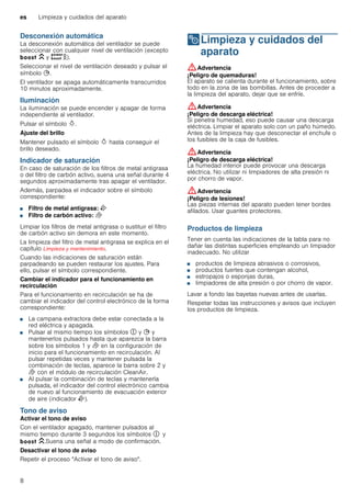 es Limpieza y cuidados del aparato
8
Desconexión automática
La desconexión automática del ventilador se puede
seleccionar con cualquier nivel de ventilación (excepto
C y D).
Seleccionar el nivel de ventilación deseado y pulsar el
símbolo +.
El ventilador se apaga automáticamente transcurridos
10 minutos aproximadamente.
Iluminación
La iluminación se puede encender y apagar de forma
independiente al ventilador.
Pulsar el símbolo B.
Ajuste del brillo
Mantener pulsado el símbolo B hasta conseguir el
brillo deseado.
Indicador de saturación
En caso de saturación de los filtros de metal antigrasa
o del filtro de carbón activo, suena una señal durante 4
segundos aproximadamente tras apagar el ventilador.
Además, parpadea el indicador sobre el símbolo
correspondiente:
■ Filtro de metal antigrasa: E
■ Filtro de carbón activo: F
Limpiar los filtros de metal antigrasa o sustituir el filtro
de carbón activo sin demora en este momento.
La limpieza del filtro de metal antigrasa se explica en el
capítulo Limpieza y mantenimiento.
Cuando las indicaciones de saturación están
parpadeando se pueden restaurar los ajustes. Para
ello, pulsar el símbolo correspondiente.
Cambiar el indicador para el funcionamiento en
recirculación
Para el funcionamiento en recirculación se ha de
cambiar el indicador del control electrónico de la forma
correspondiente:
■ La campana extractora debe estar conectada a la
red eléctrica y apagada.
■ Pulsar al mismo tiempo los símbolos # y + y
mantenerlos pulsados hasta que aparezca la barra
sobre los símbolos 1 y F en la configuración de
inicio para el funcionamiento en recirculación. Al
pulsar repetidas veces y mantener pulsada la
combinación de teclas, aparece la barra sobre 2 y
F con el módulo de recirculación CleanAir.
■ Al pulsar la combinación de teclas y mantenerla
pulsada, el indicador del control electrónico cambia
de nuevo al funcionamiento de evacuación exterior
de aire (indicador E).
Tono de aviso
Activar el tono de aviso
Con el ventilador apagado, mantener pulsados al
mismo tiempo durante 3 segundos los símbolos # y
C.Suena una señal a modo de confirmación.
Desactivar el tono de aviso
Repetir el proceso "Activar el tono de aviso".
2Limpieza y cuidados del
aparato
Limpiezaycuidadosdelaparato :Advertencia
¡Peligro de quemaduras!
El aparato se calienta durante el funcionamiento, sobre
todo en la zona de las bombillas. Antes de proceder a
la limpieza del aparato, dejar que se enfríe.
:Advertencia
¡Peligro de descarga eléctrica!
Si penetra humedad, eso puede causar una descarga
eléctrica. Limpiar el aparato solo con un paño húmedo.
Antes de la limpieza hay que desconectar el enchufe o
los fusibles de la caja de fusibles.
:Advertencia
¡Peligro de descarga eléctrica!
La humedad interior puede provocar una descarga
eléctrica. No utilizar ni limpiadores de alta presión ni
por chorro de vapor.
:Advertencia
¡Peligro de lesiones!
Las piezas internas del aparato pueden tener bordes
afilados. Usar guantes protectores.
Productos de limpieza
Tener en cuenta las indicaciones de la tabla para no
dañar las distintas superficies empleando un limpiador
inadecuado. No utilizar
■ productos de limpieza abrasivos o corrosivos,
■ productos fuertes que contengan alcohol,
■ estropajos o esponjas duras,
■ limpiadores de alta presión o por chorro de vapor.
Lavar a fondo las bayetas nuevas antes de usarlas.
Respetar todas las instrucciones y avisos que incluyen
los productos de limpieza.
 