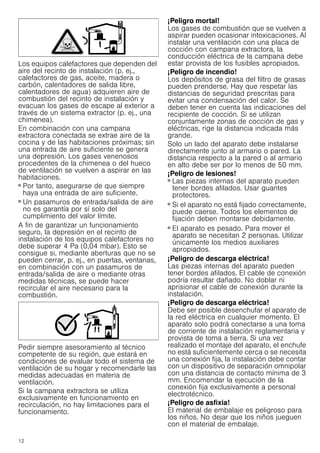 12
Los equipos calefactores que dependen del
aire del recinto de instalación (p. ej.,
calefactores de gas, aceite, madera o
carbón, calentadores de salida libre,
calentadores de agua) adquieren aire de
combustión del recinto de instalación y
evacuan los gases de escape al exterior a
través de un sistema extractor (p. ej., una
chimenea).
En combinación con una campana
extractora conectada se extrae aire de la
cocina y de las habitaciones próximas; sin
una entrada de aire suficiente se genera
una depresión. Los gases venenosos
procedentes de la chimenea o del hueco
de ventilación se vuelven a aspirar en las
habitaciones.
■ Por tanto, asegurarse de que siempre
haya una entrada de aire suficiente.
■ Un pasamuros de entrada/salida de aire
no es garantía por sí solo del
cumplimiento del valor límite.
A fin de garantizar un funcionamiento
seguro, la depresión en el recinto de
instalación de los equipos calefactores no
debe superar 4 Pa (0,04 mbar). Esto se
consigue si, mediante aberturas que no se
pueden cerrar, p. ej., en puertas, ventanas,
en combinación con un pasamuros de
entrada/salida de aire o mediante otras
medidas técnicas, se puede hacer
recircular el aire necesario para la
combustión.
Pedir siempre asesoramiento al técnico
competente de su región, que estará en
condiciones de evaluar todo el sistema de
ventilación de su hogar y recomendarle las
medidas adecuadas en materia de
ventilación.
Si la campana extractora se utiliza
exclusivamente en funcionamiento en
recirculación, no hay limitaciones para el
funcionamiento.
¡Peligro mortal!
Los gases de combustión que se vuelven a
aspirar pueden ocasionar intoxicaciones. Al
instalar una ventilación con una placa de
cocción con campana extractora, la
conducción eléctrica de la campana debe
estar provista de los fusibles apropiados.
¡Peligro de incendio!
Los depósitos de grasa del filtro de grasas
pueden prenderse. Hay que respetar las
distancias de seguridad prescritas para
evitar una condensación del calor. Se
deben tener en cuenta las indicaciones del
recipiente de cocción. Si se utilizan
conjuntamente zonas de cocción de gas y
eléctricas, rige la distancia indicada más
grande.
Solo un lado del aparato debe instalarse
directamente junto al armario o pared. La
distancia respecto a la pared o al armario
en alto debe ser por lo menos de 50 mm.
¡Peligro de lesiones!
■ Las piezas internas del aparato pueden
tener bordes afilados. Usar guantes
protectores.
¡Peligro de lesiones!
■ Si el aparato no está fijado correctamente,
puede caerse. Todos los elementos de
fijación deben montarse debidamente.
¡Peligro de lesiones!
■ El aparato es pesado. Para mover el
aparato se necesitan 2 personas. Utilizar
únicamente los medios auxiliares
apropiados.
¡Peligro de descarga eléctrica!
Las piezas internas del aparato pueden
tener bordes afilados. El cable de conexión
podría resultar dañado. No doblar ni
aprisionar el cable de conexión durante la
instalación.
¡Peligro de descarga eléctrica!
Debe ser posible desenchufar el aparato de
la red eléctrica en cualquier momento. El
aparato solo podrá conectarse a una toma
de corriente de instalación reglamentaria y
provista de toma a tierra. Si una vez
realizado el montaje del aparato, el enchufe
no está suficientemente cerca o se necesita
una conexión fija, la instalación debe contar
con un dispositivo de separación omnipolar
con una distancia de contacto mínima de 3
mm. Encomendar la ejecución de la
conexión fija exclusivamente a personal
electrotécnico.
¡Peligro de asfixia!
El material de embalaje es peligroso para
los niños. No dejar que los niños jueguen
con el material de embalaje.
 