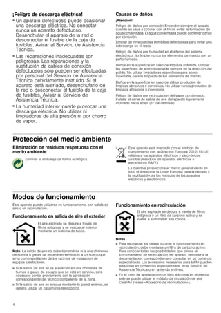 4
¡Peligro de descarga eléctrica!
■ Un aparato defectuoso puede ocasionar
una descarga eléctrica. No conectar
nunca un aparato defectuoso.
Desenchufar el aparato de la red o
desconectar el fusible de la caja de
fusibles. Avisar al Servicio de Asistencia
Técnica.
¡Peligro de descarga eléctrica!
■ Las reparaciones inadecuadas son
peligrosas. Las reparaciones y la
sustitución de cables de conexión
defectuosos solo pueden ser efectuadas
por personal del Servicio de Asistencia
Técnica debidamente instruido. Si el
aparato está averiado, desenchufarlo de
la red o desconectar el fusible de la caja
de fusibles. Avisar al Servicio de
Asistencia Técnica.
¡Peligro de descarga eléctrica!
■ La humedad interior puede provocar una
descarga eléctrica. No utilizar ni
limpiadores de alta presión ni por chorro
de vapor.
Causas de daños
¡Atención!
Peligro de daños por corrosión Encender siempre el aparato
cuando se vaya a cocinar con el fin de evitar la formación de
agua condensada. El agua condensada puede conllevar daños
por corrosión.
Limpiar de inmediato las bombillas defectuosas para evitar una
sobrecarga en el resto.
Peligro de daños por humedad en el interior del sistema
electrónico. No limpiar nunca los elementos de mando con un
paño húmedo.
Daños en la superficie en caso de limpieza indebida. Limpiar
las superficies de acero inoxidable siempre en la dirección del
pulido. No utilizar limpiadores específicos para acero
inoxidable para la limpieza de los elementos de mando.
Daños en la superficie en caso de utilizar productos de
limpieza abrasivos o corrosivos. No utilizar nunca productos de
limpieza abrasivos o corrosivos.
Peligro de daños por recirculación del vapor condensado.
Instalar el canal de salida de aire del aparato ligeramente
inclinado hacia abajo (1° de desnivel).
Protección del medio ambiente
Eliminación de residuos respetuosa con el
medio ambiente
Modos de funcionamiento
Este aparato puede utilizarse en funcionamiento con salida de
aire o en recirculación.
Funcionamiento en salida de aire al exterior
Nota: La salida de aire no debe transmitirse ni a una chimenea
de humos o gases de escape en servicio ni a un hueco que
sirva como ventilación de los recintos de instalación de
equipos calefactores.
■ Si la salida de aire se va a evacuar en una chimenea de
humos o gases de escape que no está en servicio, será
necesario contar previamente con la aprobación
correspondiente del técnico competente de la zona.
■ Si la salida de aire se evacua mediante la pared exterior, se
deberá utilizar un pasamuros telescópico.
Funcionamiento en recirculación
Notas
■ Para neutralizar los olores durante el funcionamiento en
recirculación, debe montarse un filtro de carbono activo.
Para conocer todas las posibilidades que ofrece el
funcionamiento en recirculación del aparato, remitirse a la
documentación correspondiente o consultar en un comercio
especializado. Los accesorios necesarios para tal fin pueden
adquirirse en comercios especializados, en el Servicio de
Asistencia Técnica o en la tienda en línea.
■ En el caso de aparatos con un filtro adicional en el interior,
solo se puede utilizar el módulo de circulación de aire
CleanAir (véase «Accesorio de recirculación»).
Eliminar el embalaje de forma ecológica.
Este aparato está marcado con el símbolo de
cumplimiento con la Directiva Europea 2012/19/UE
relativa a los aparatos eléctricos y electrónicos
usados (Residuos de aparatos eléctricos y
electrónicos RAEE).
La directiva proporciona el marco general válido en
todo el ámbito de la Unión Europea para la retirada y
la reutilización de los residuos de los aparatos
eléctricos y electrónicos.
El aire aspirado se depura a través de
filtros antigrasa y se evacua al exterior
mediante un sistema de tubos.
El aire aspirado se depura a través de filtros
antigrasa y un filtro de carbono activo y se
vuelve a suministrar a la cocina.
 