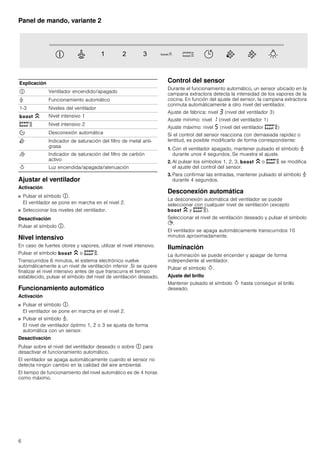 6
Panel de mando, variante 2
Ajustar el ventilador
Activación
■ Pulsar el símbolo #.
El ventilador se pone en marcha en el nivel 2.
■ Seleccionar los niveles del ventilador.
Desactivación
Pulsar el símbolo #.
Nivel intensivo
En caso de fuertes olores y vapores, utilizar el nivel intensivo.
Pulsar el símbolo C o D.
Transcurridos 6 minutos, el sistema electrónico vuelve
automáticamente a un nivel de ventilación inferior .Si se quiere
finalizar el nivel intensivo antes de que transcurra el tiempo
establecido, pulsar el símbolo del nivel de ventilación deseado.
Funcionamiento automático
Activación
■ Pulsar el símbolo #.
El ventilador se pone en marcha en el nivel 2.
■ Pulsar el símbolo >.
El nivel de ventilador óptimo 1, 2 o 3 se ajusta de forma
automática con un sensor.
Desactivación
Pulsar sobre el nivel del ventilador deseado o sobre # para
desactivar el funcionamiento automático.
El ventilador se apaga automáticamente cuando el sensor no
detecta ningún cambio en la calidad del aire ambiental.
El tiempo de funcionamiento del nivel automático es de 4 horas
como máximo.
Control del sensor
Durante el funcionamiento automático, un sensor ubicado en la
campana extractora detecta la intensidad de los vapores de la
cocina. En función del ajuste del sensor, la campana extractora
conmuta automáticamente a otro nivel del ventilador.
Ajuste de fábrica: nivel „ (nivel del ventilador 3)
Ajuste mínimo: nivel ‚ (nivel del ventilador 1)
Ajuste máximo: nivel † (nivel del ventilador D)
Si el control del sensor reacciona con demasiada rapidez o
lentitud, es posible modificarlo de forma correspondiente:
1. Con el ventilador apagado, mantener pulsado el símbolo >
durante unos 4 segundos. Se muestra el ajuste.
2. Al pulsar los símbolos 1, 2, 3, C o D se modifica
el ajuste del control del sensor.
3. Para confirmar las entradas, mantener pulsado el símbolo >
durante 4 segundos.
Desconexión automática
La desconexión automática del ventilador se puede
seleccionar con cualquier nivel de ventilación (excepto
C y D).
Seleccionar el nivel de ventilación deseado y pulsar el símbolo
+.
El ventilador se apaga automáticamente transcurridos 10
minutos aproximadamente.
Iluminación
La iluminación se puede encender y apagar de forma
independiente al ventilador.
Pulsar el símbolo B.
Ajuste del brillo
Mantener pulsado el símbolo B hasta conseguir el brillo
deseado.
Explicación
# Ventilador encendido/apagado
> Funcionamiento automático
1-3 Niveles del ventilador
C Nivel intensivo 1
D Nivel intensivo 2
% Desconexión automática
E Indicador de saturación del filtro de metal anti-
grasa
F Indicador de saturación del filtro de carbón
activo
B Luz encendida/apagada/atenuación
 