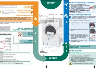 3 4
de programas / Descon.
Vaciar el recipiente de agua condensada
Vaciar el recipiente tras cada secado.
1. Extraer el recipiente de agua condensada
manteniéndolo horizontal.
2. Vaciar el agua condensada.
3. Colocar el recipiente y empujarlo hasta
que quede siempre encajado.
Si el piloto indicador (Recipiente de agua
condensada) parpadea
Qué hacer si..., página 11.
Limpiar el filtro para pelusas
Conectar la secadora siempre con el filtro de pelusas
introducido y operativo. Un filtro de pelusas limpio
reduce el consumo de energía.
Limpiar el filtro de pelusas tras cada secado:
1. Abrir la puerta. Retirar las pelusas de la
puerta y del área circundante y extraer
el filtro de pelusas.
2. Retirar la pelusas de la caja del filtro de
pelusas.
3. Abrir el filtro de pelusas y retirar las
pelusas del filtro (pasando la mano por
el filtro). Limpiar con agua caliente el
filtro si está muy sucio u obstruido y
secarlo bien.
4. Replegar el filtro de pelusas y volver a
colocarlo en su sitio.
7
6
Ajustar y adaptar el
programa individualmente
1
2
Secado
Secado
Cerrar
puerta
3
nunca una secadora que presente huellas visibles
esperfectos.
vicio de Asistencia Técnica Oficial de la marca!
Examinar
la secadora
Clasificación de la ropa
Retirar todos los objetos que pudiera haber en los bolsillos de las
prendas. Prestar particular atención a los encendedores.
El tambor deberá estar vacío antes de cargar la ropa en el mismo.
Véase también la guía separada "Cesta de lana"
(según el modelo).
¡Asir el enchufe sólo con las manos
secas!
¡Asir el cable de conexión siempre por el
cuerpo del enchufe!
Insertar el enchufe en
la toma de corriente
Fin del programa
Interrumpir el programa
1. Abrir la puerta o pulsar la tecla Inicio/Stop;
el proceso de secado se interrumpe.
2. Sacar ropa o cargar más y cerrar la puerta.
3. En caso necesario, seleccionar de nuevo el programa
de secado y la función adicional. Pulsar la tecla
Inicio/Stop. La programación diferida se actualiza
transcurridos unos minutos.
¡El tambor y la puerta pueden estar calientes!
Sacar la ropa y desconectar
la secadora5
4
Cuadro de mandos
Filtro de pelusas
Pulsar
Inicio/Stop
PuertaRecipiente de
agua condensada
Entrada de aire
Sólo se puede ajustar el tiempo de secado en la programación por tiempo.
Ajuste preciso del tipo de secado.
Ajuste del fin del programa.
Secar a temperatura baja y reducida.
Prolongación de la fase antiarrugas.
Conexión/desconexión de la señal acústica.
Inicio, interrupción y continuación del programa;
Activación o desactivación de (Seguro para niños).
ogramas para ajustar el
desconectar la
puede girar en ambas
Trampilla
mantenimiento
 